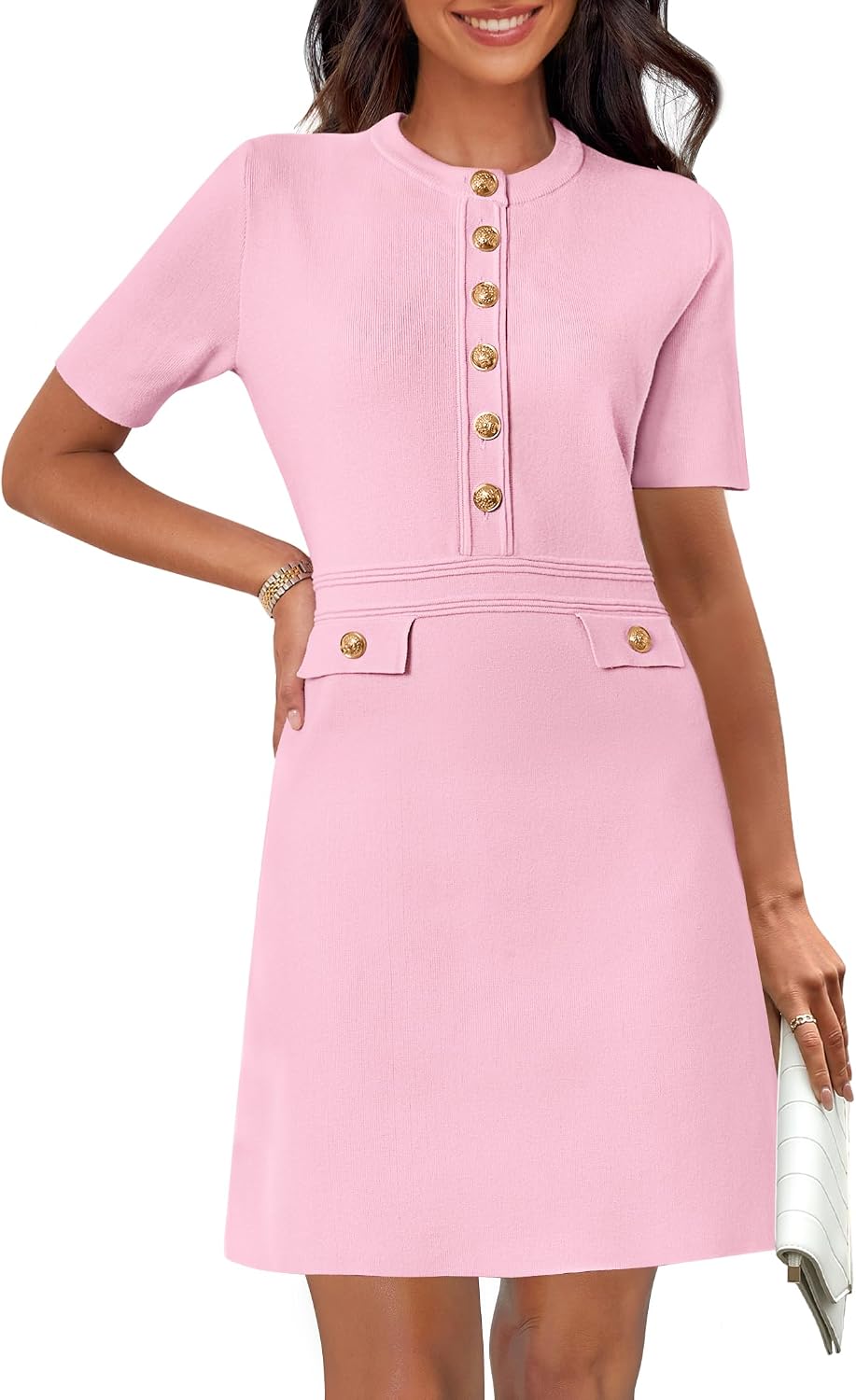 Women's Summer Short Sleeve Bodycon Sweater Mini Dress | Business Casual Outfits, Button Down, Formal Work Office Short Dress, Elegant Classy, Crewneck, Knit Fabric, Funeral Dress
