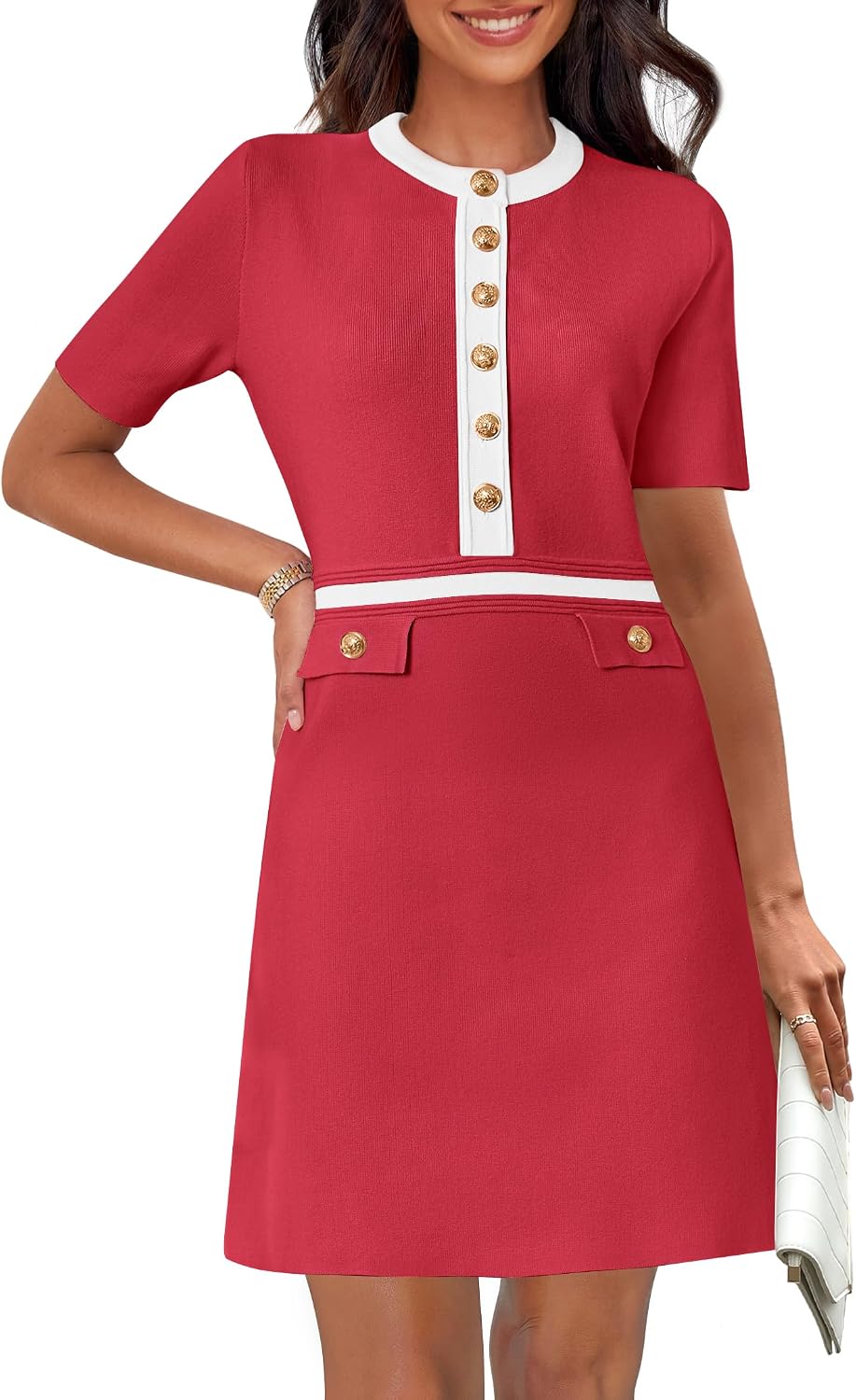 Women's Summer Short Sleeve Bodycon Sweater Mini Dress | Business Casual Outfits, Button Down, Formal Work Office Short Dress, Elegant Classy, Crewneck, Knit Fabric, Funeral Dress
