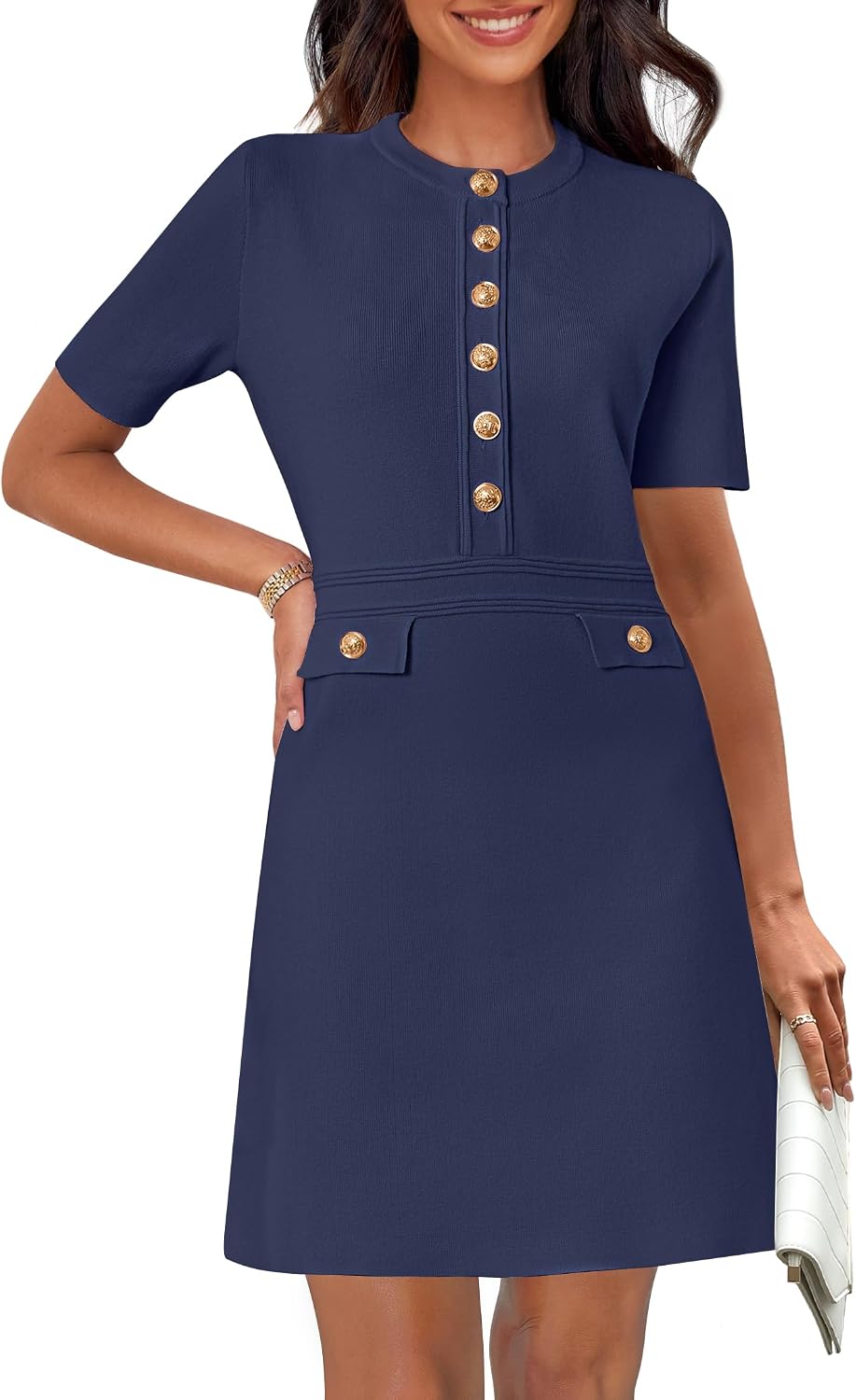 Women's Summer Short Sleeve Bodycon Sweater Mini Dress | Business Casual Outfits, Button Down, Formal Work Office Short Dress, Elegant Classy, Crewneck, Knit Fabric, Funeral Dress