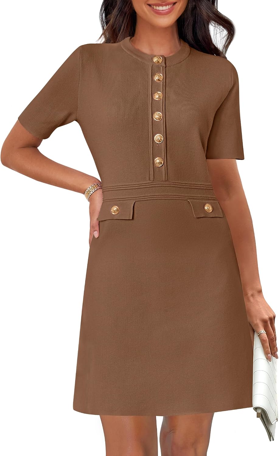 Women's Summer Short Sleeve Bodycon Sweater Mini Dress | Business Casual Outfits, Button Down, Formal Work Office Short Dress, Elegant Classy, Crewneck, Knit Fabric, Funeral Dress