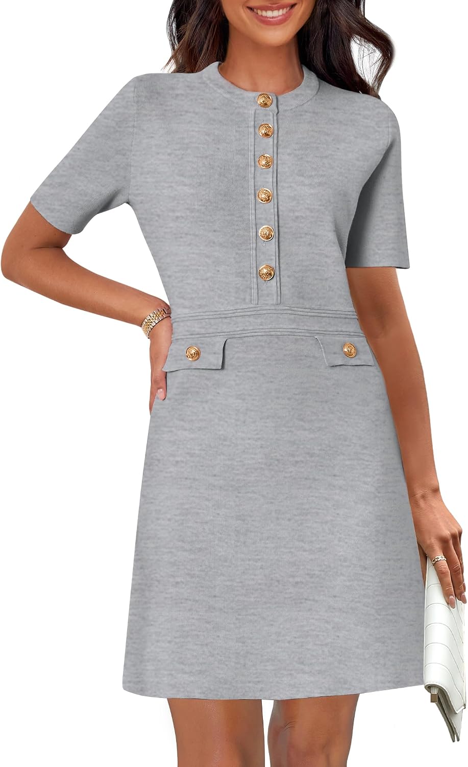 Women's Summer Short Sleeve Bodycon Sweater Mini Dress | Business Casual Outfits, Button Down, Formal Work Office Short Dress, Elegant Classy, Crewneck, Knit Fabric, Funeral Dress