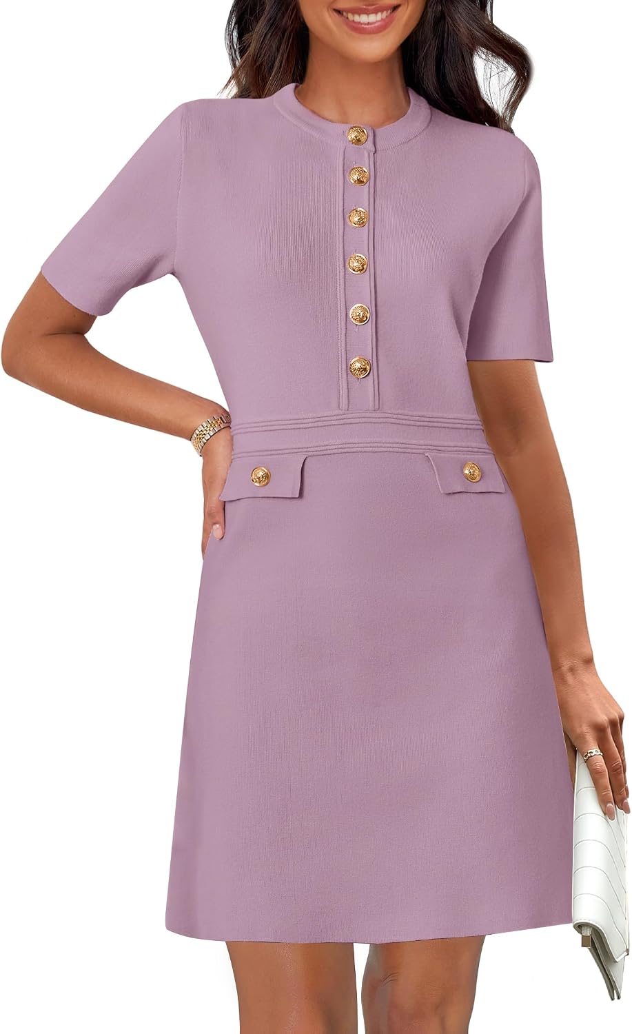Women's Summer Short Sleeve Bodycon Sweater Mini Dress | Business Casual Outfits, Button Down, Formal Work Office Short Dress, Elegant Classy, Crewneck, Knit Fabric, Funeral Dress