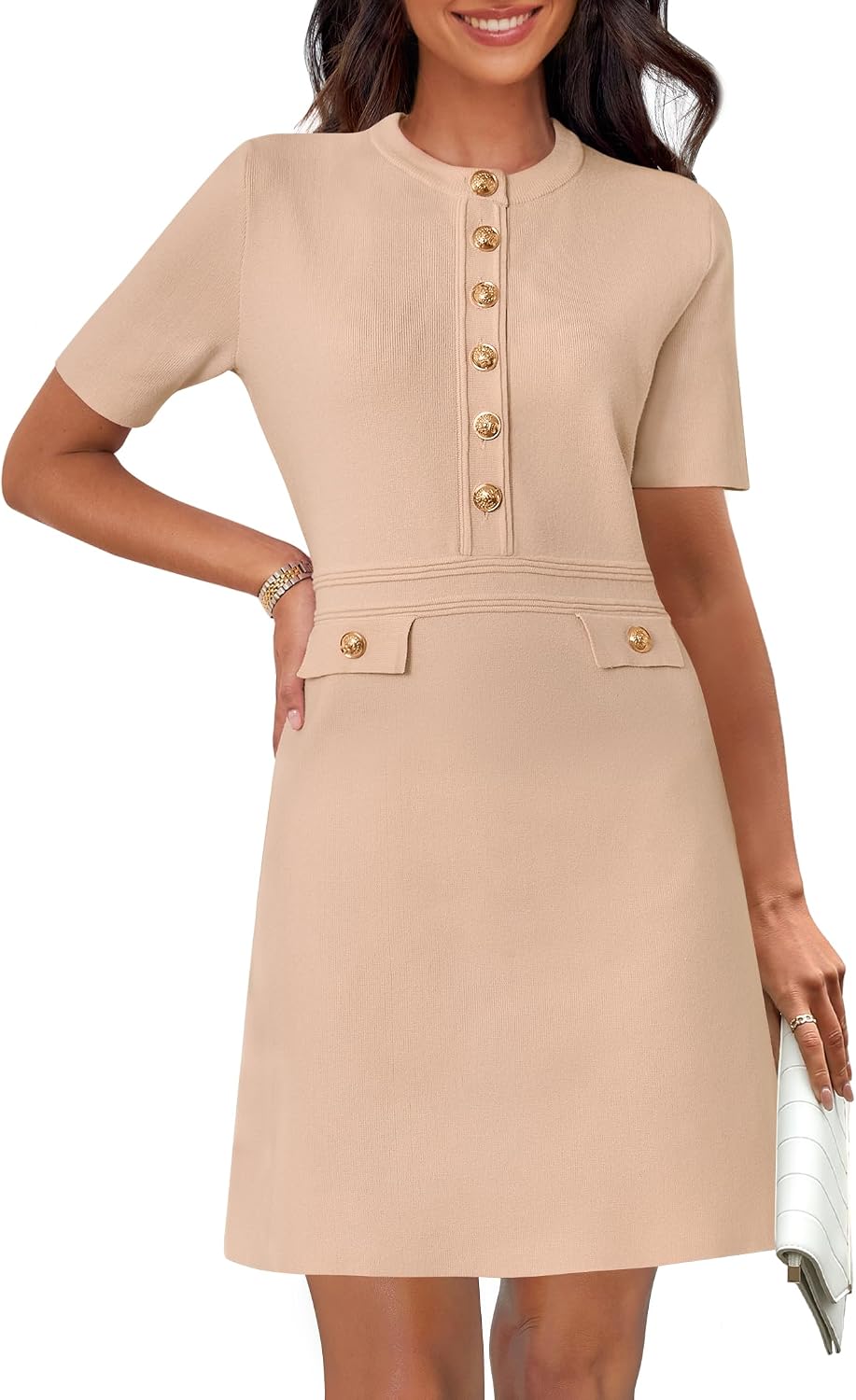 Women's Summer Short Sleeve Bodycon Sweater Mini Dress | Business Casual Outfits, Button Down, Formal Work Office Short Dress, Elegant Classy, Crewneck, Knit Fabric, Funeral Dress