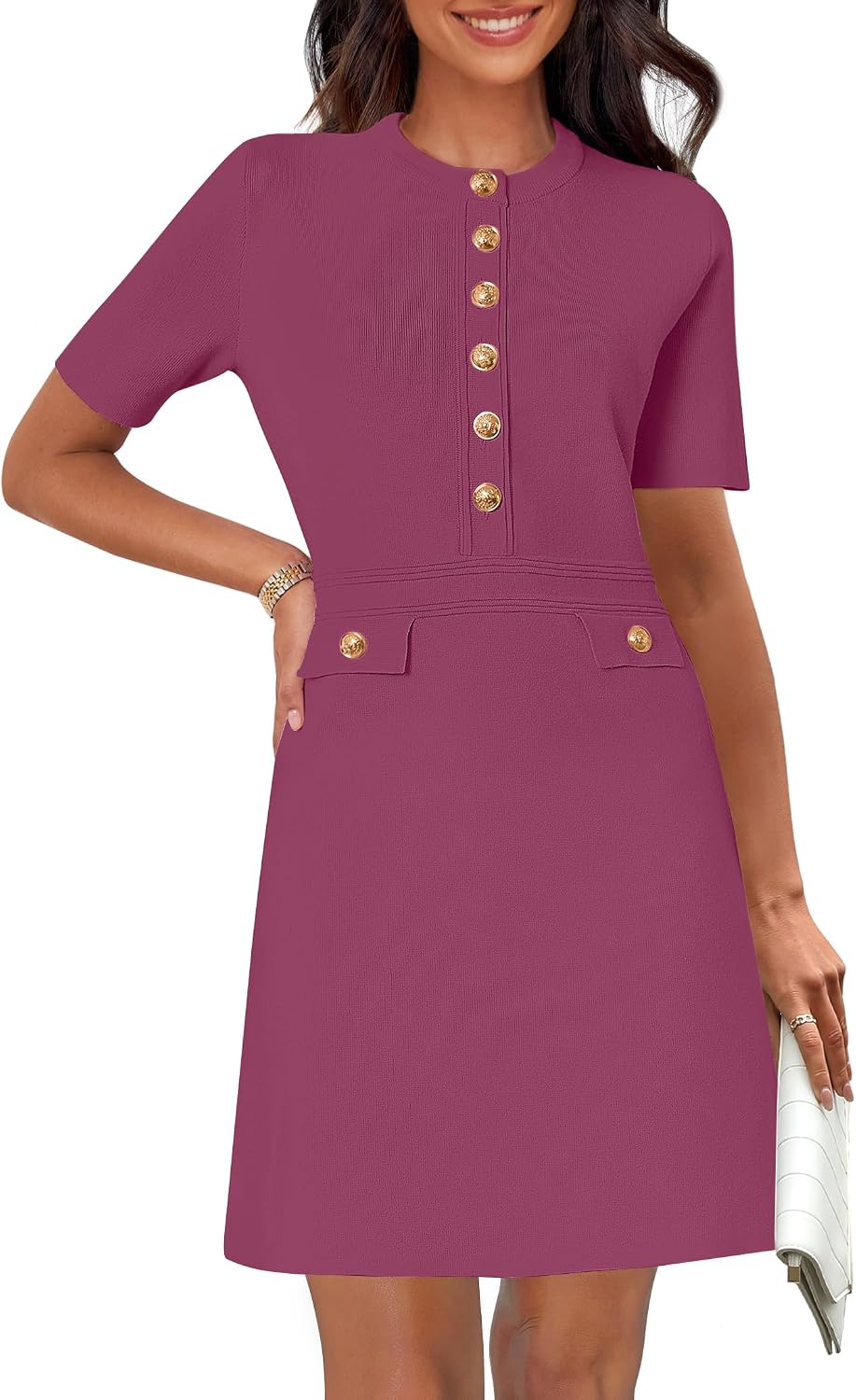 Women's Summer Short Sleeve Bodycon Sweater Mini Dress | Business Casual Outfits, Button Down, Formal Work Office Short Dress, Elegant Classy, Crewneck, Knit Fabric, Funeral Dress