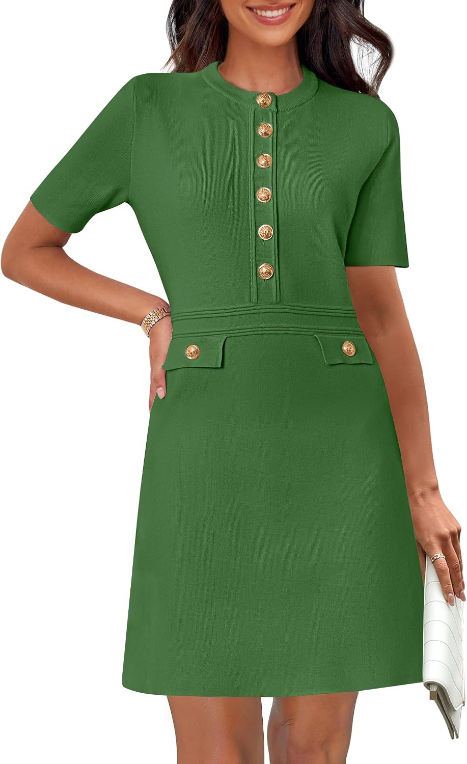 Women's Summer Short Sleeve Bodycon Sweater Mini Dress | Business Casual Outfits, Button Down, Formal Work Office Short Dress, Elegant Classy, Crewneck, Knit Fabric, Funeral Dress