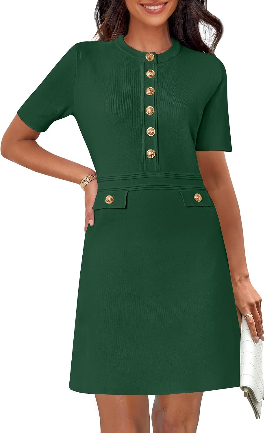 Women's Summer Short Sleeve Bodycon Sweater Mini Dress | Business Casual Outfits, Button Down, Formal Work Office Short Dress, Elegant Classy, Crewneck, Knit Fabric, Funeral Dress