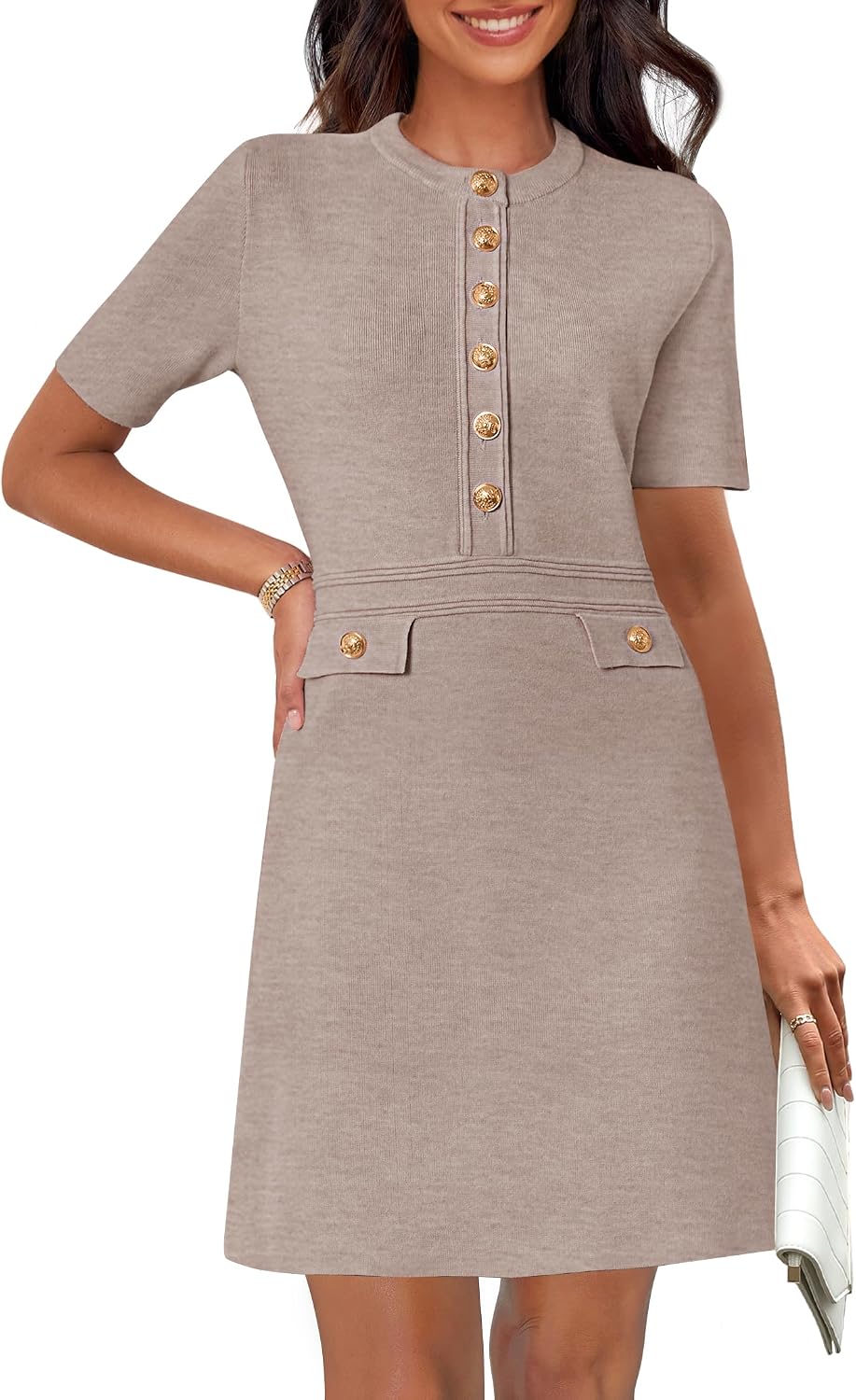 Women's Summer Short Sleeve Bodycon Sweater Mini Dress | Business Casual Outfits, Button Down, Formal Work Office Short Dress, Elegant Classy, Crewneck, Knit Fabric, Funeral Dress