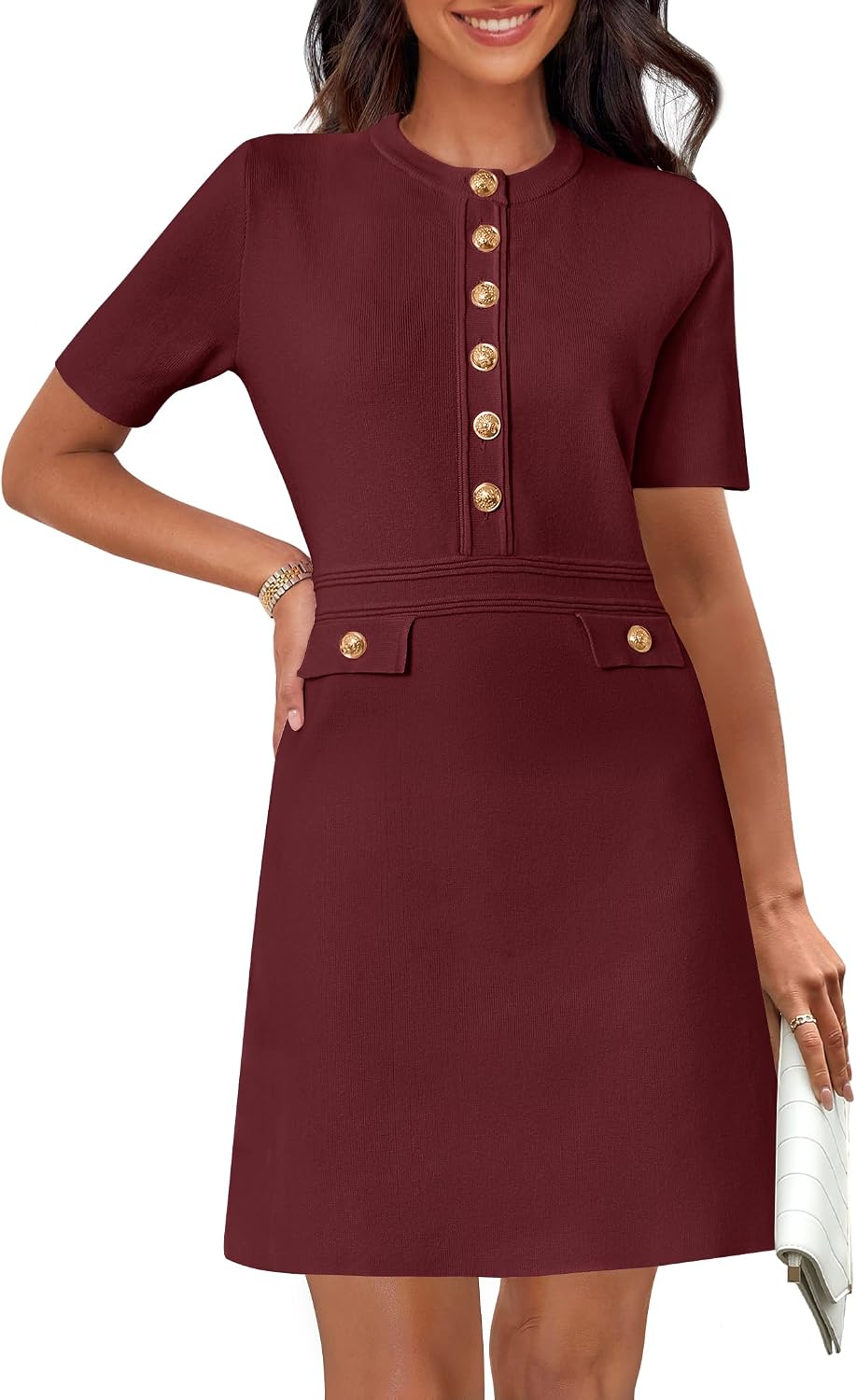 Women's Summer Short Sleeve Bodycon Sweater Mini Dress | Business Casual Outfits, Button Down, Formal Work Office Short Dress, Elegant Classy, Crewneck, Knit Fabric, Funeral Dress