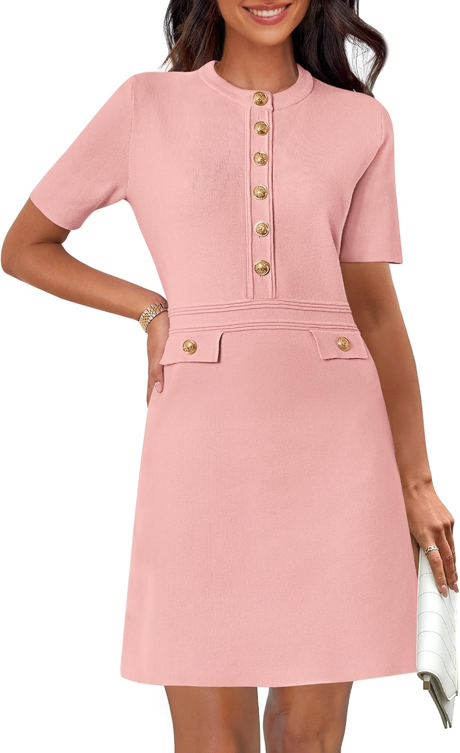 Women's Summer Short Sleeve Bodycon Sweater Mini Dress | Business Casual Outfits, Button Down, Formal Work Office Short Dress, Elegant Classy, Crewneck, Knit Fabric, Funeral Dress