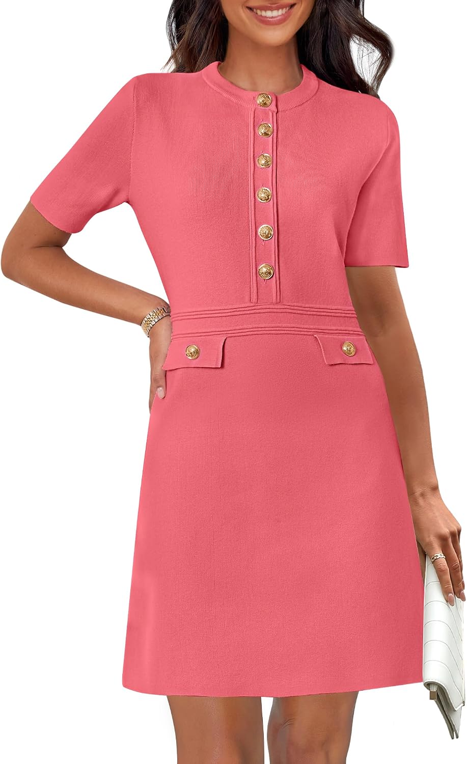 Women's Summer Short Sleeve Bodycon Sweater Mini Dress | Business Casual Outfits, Button Down, Formal Work Office Short Dress, Elegant Classy, Crewneck, Knit Fabric, Funeral Dress