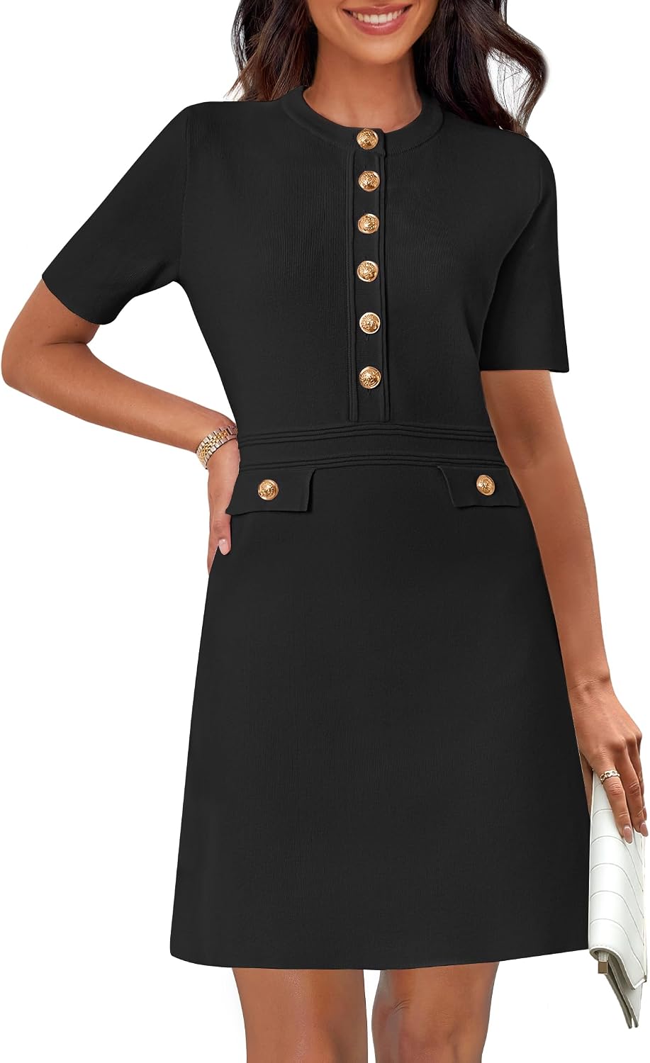 Women's Summer Short Sleeve Bodycon Sweater Mini Dress | Business Casual Outfits, Button Down, Formal Work Office Short Dress, Elegant Classy, Crewneck, Knit Fabric, Funeral Dress