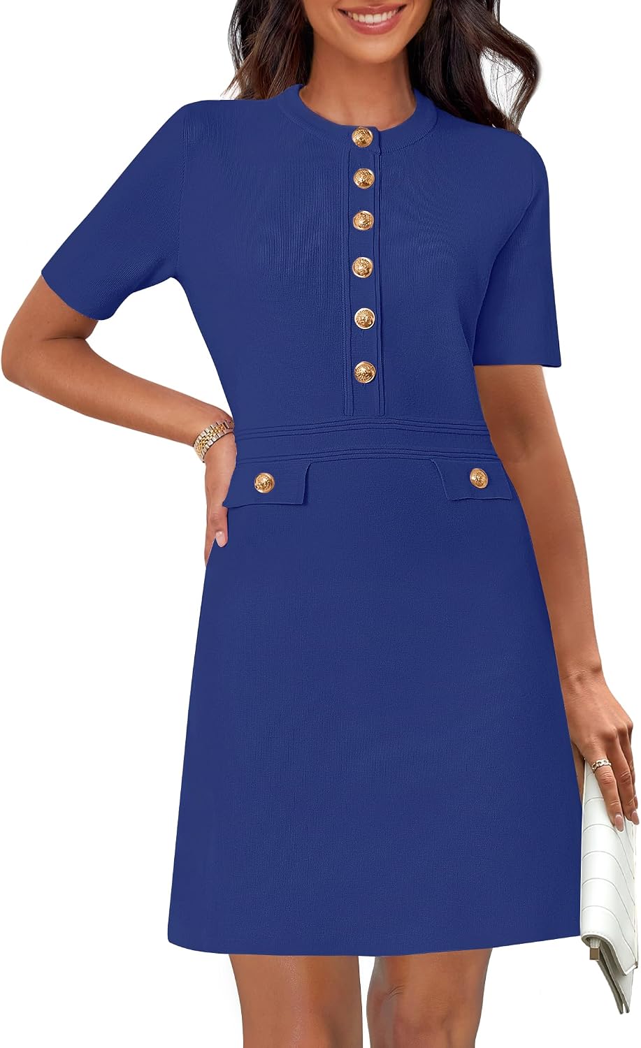 Women's Summer Short Sleeve Bodycon Sweater Mini Dress | Business Casual Outfits, Button Down, Formal Work Office Short Dress, Elegant Classy, Crewneck, Knit Fabric, Funeral Dress