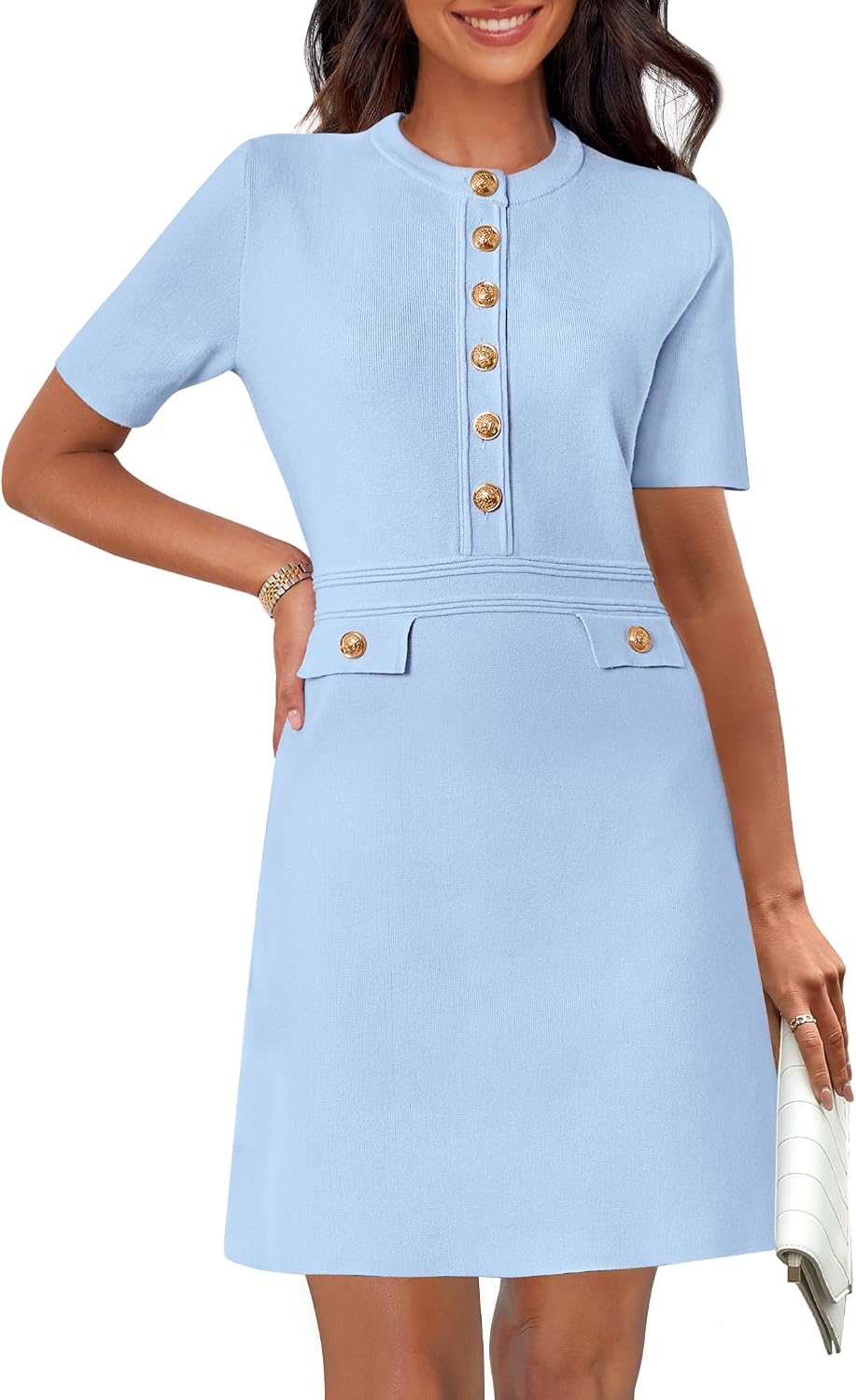 Women's Summer Short Sleeve Bodycon Sweater Mini Dress | Business Casual Outfits, Button Down, Formal Work Office Short Dress, Elegant Classy, Crewneck, Knit Fabric, Funeral Dress