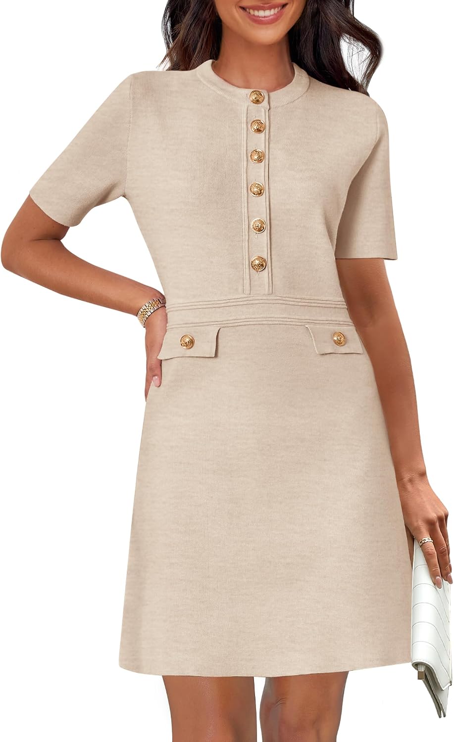 Women's Summer Short Sleeve Bodycon Sweater Mini Dress | Business Casual Outfits, Button Down, Formal Work Office Short Dress, Elegant Classy, Crewneck, Knit Fabric, Funeral Dress