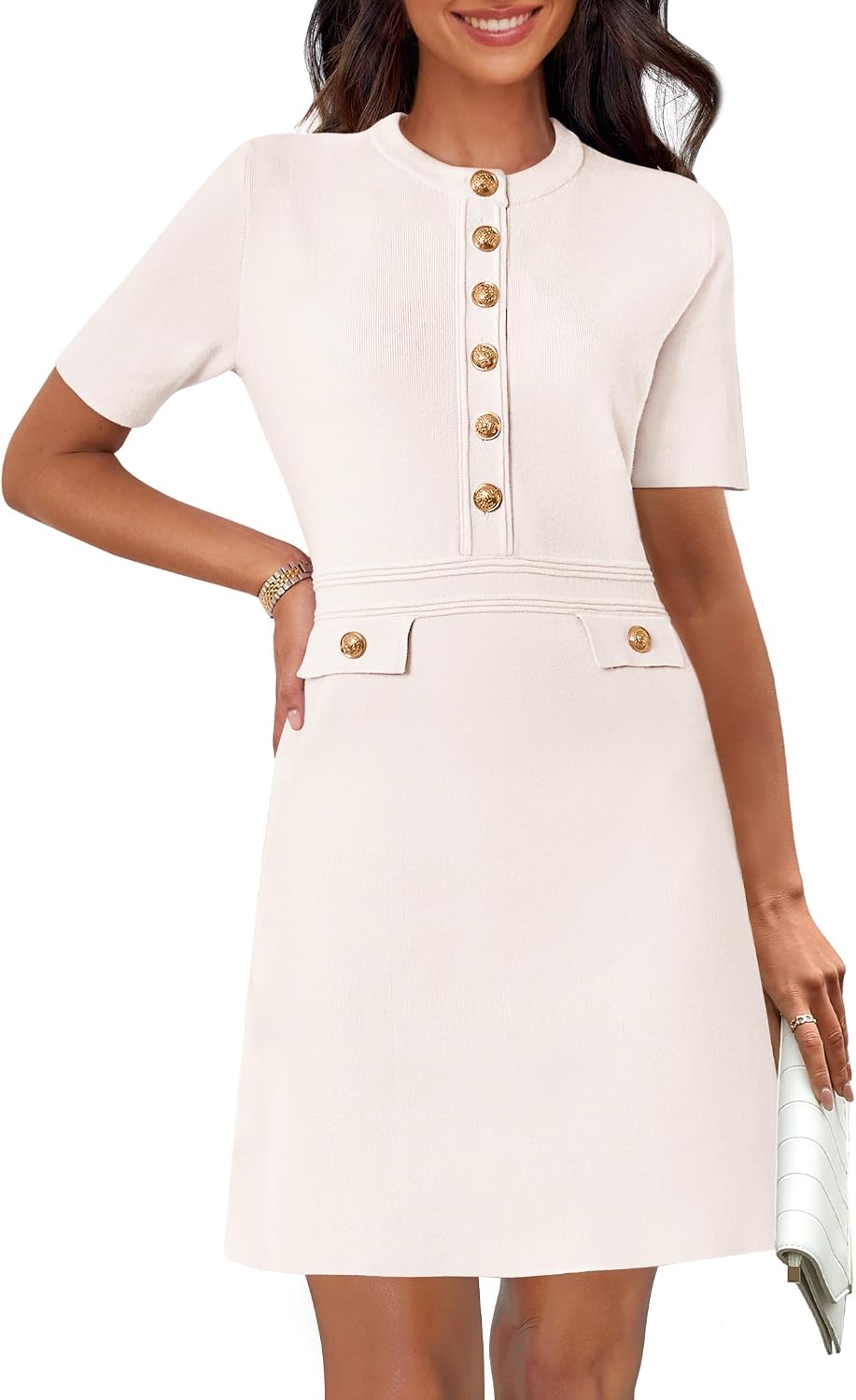 Women's Summer Short Sleeve Bodycon Sweater Mini Dress | Business Casual Outfits, Button Down, Formal Work Office Short Dress, Elegant Classy, Crewneck, Knit Fabric, Funeral Dress