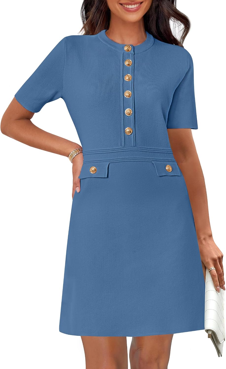 Women's Summer Short Sleeve Bodycon Sweater Mini Dress | Business Casual Outfits, Button Down, Formal Work Office Short Dress, Elegant Classy, Crewneck, Knit Fabric, Funeral Dress
