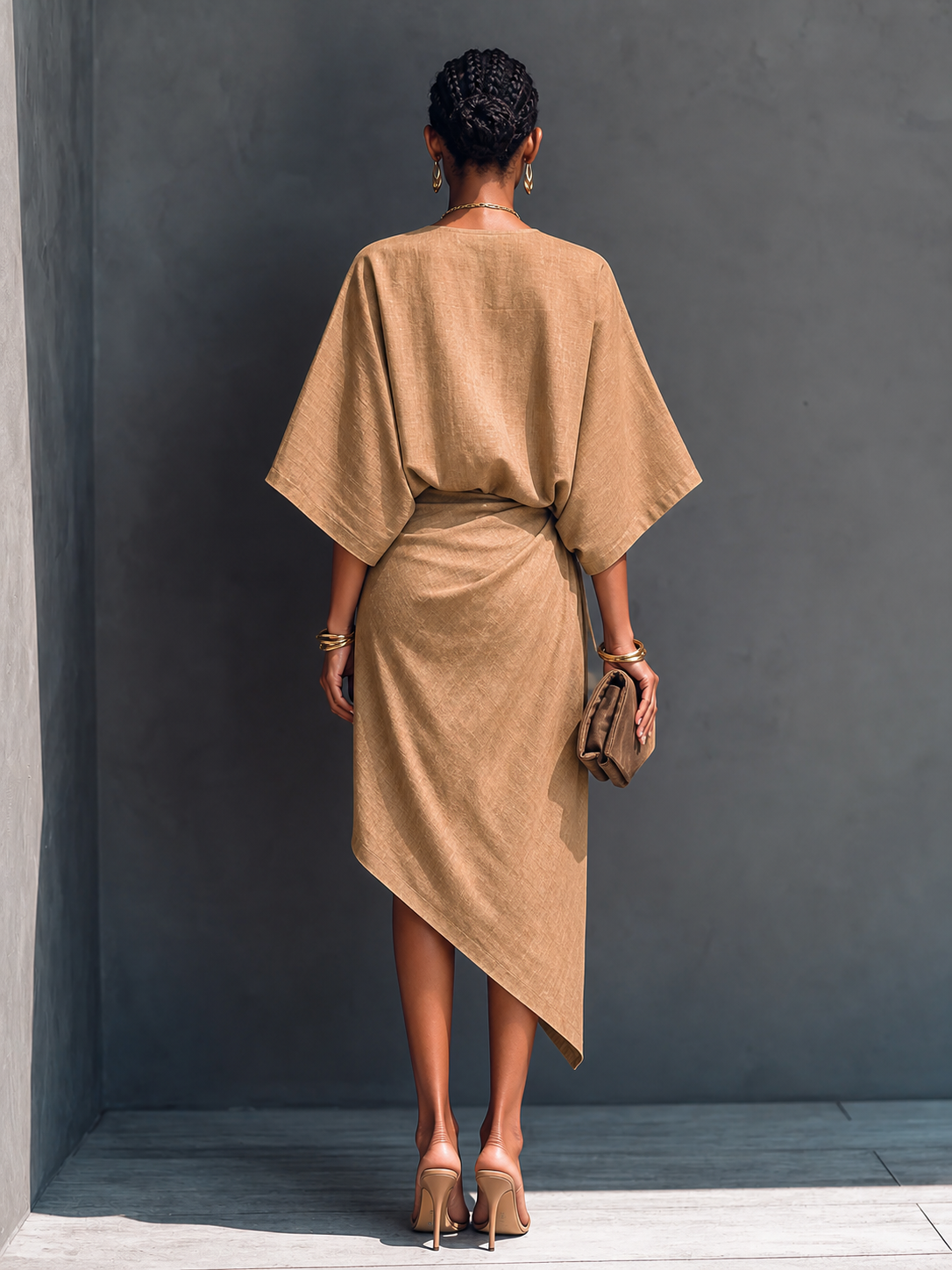 Women's Modern Minimalist Khaki Linen Blend Draped Asymmetric Short Sleeve Midi Dress