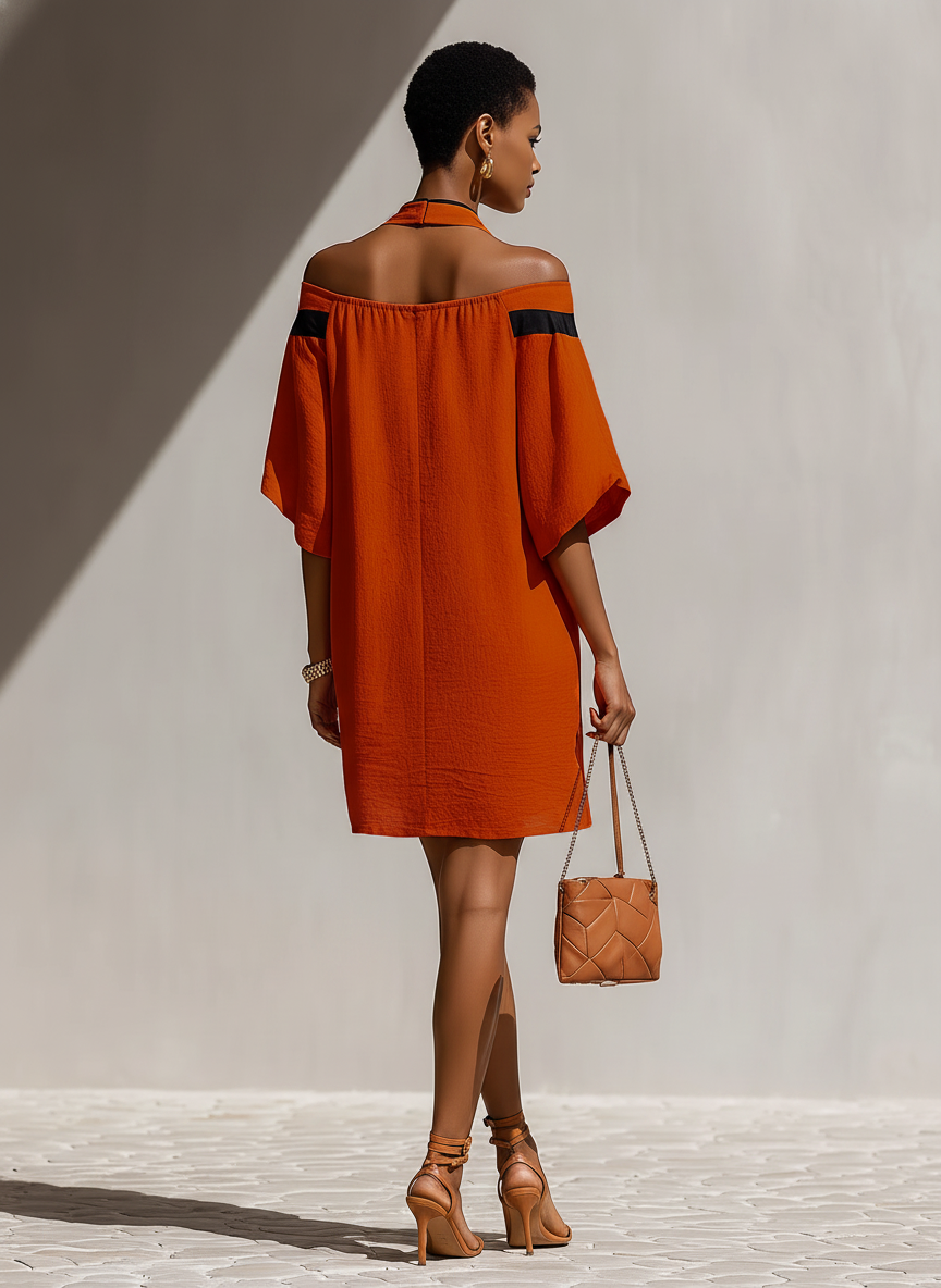 Women’s Orange Off-Shoulder Mini Dress With Black Bow Neck Detail