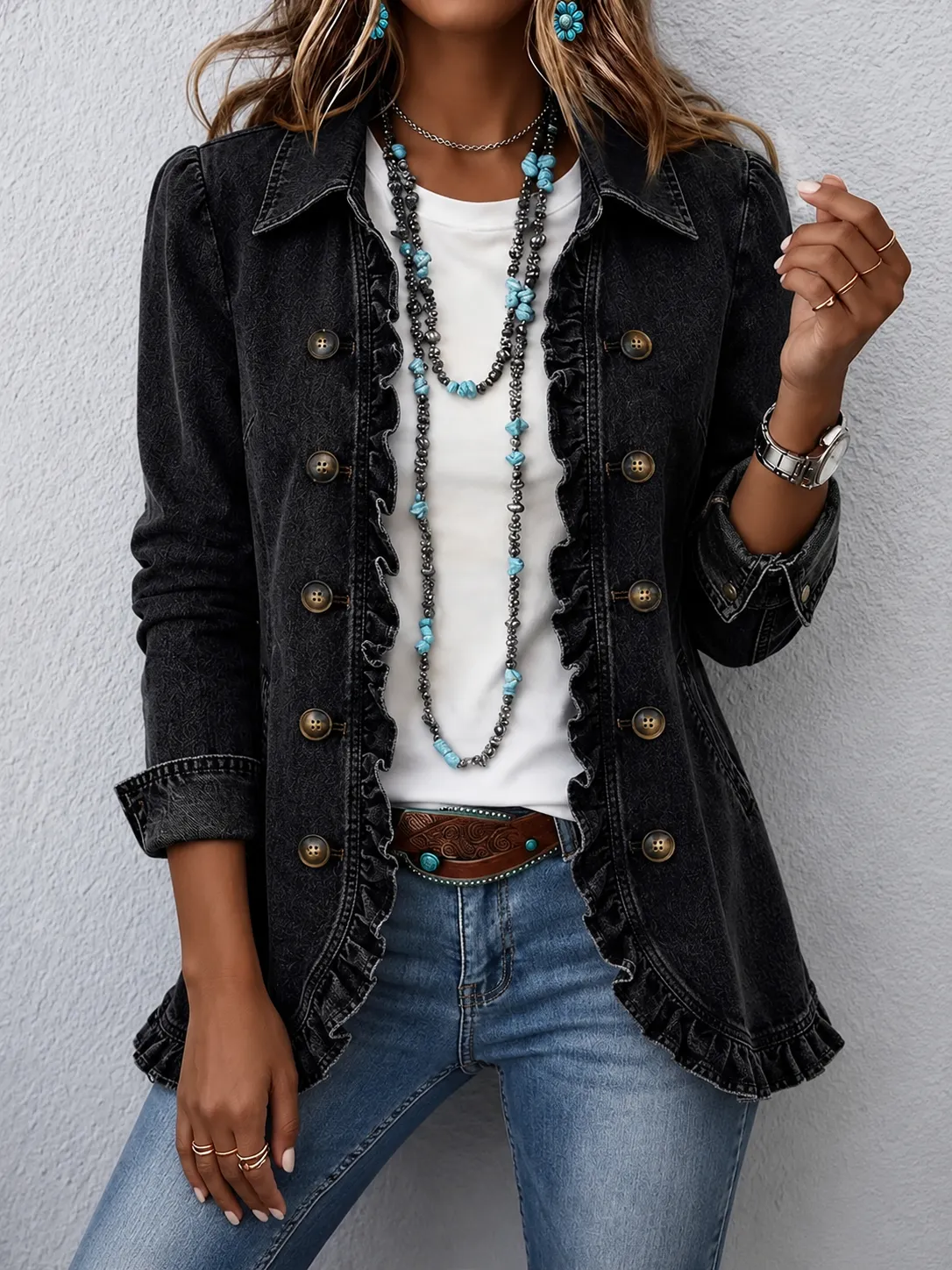 🤲LAST DAY SAVE 70% ⏰Boho-chic Floral Embroidered Utility Ruffled Trim Jacket