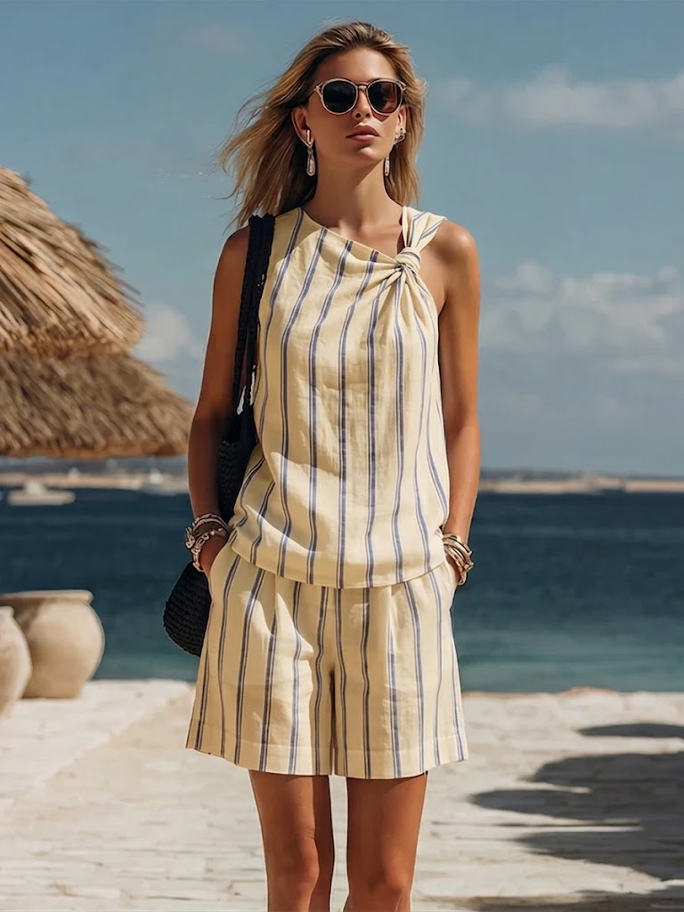 Casual Striped Linen And Cotton Top And Shorts Two-piece Set