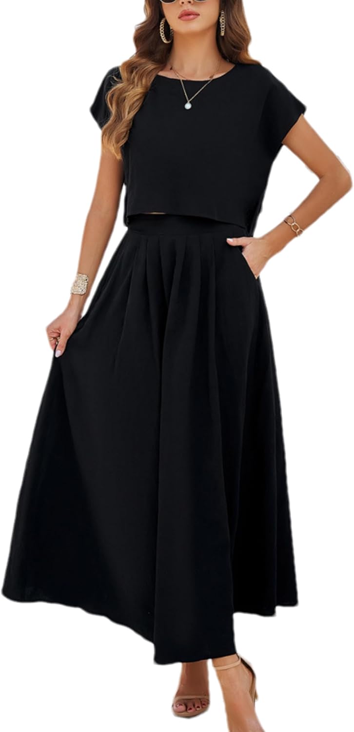 2025 Summer Skirt Sets Women 2 Piece Outfits Cap Sleeve Top Elastic Waist Maxi Dress Sets with Pockets
