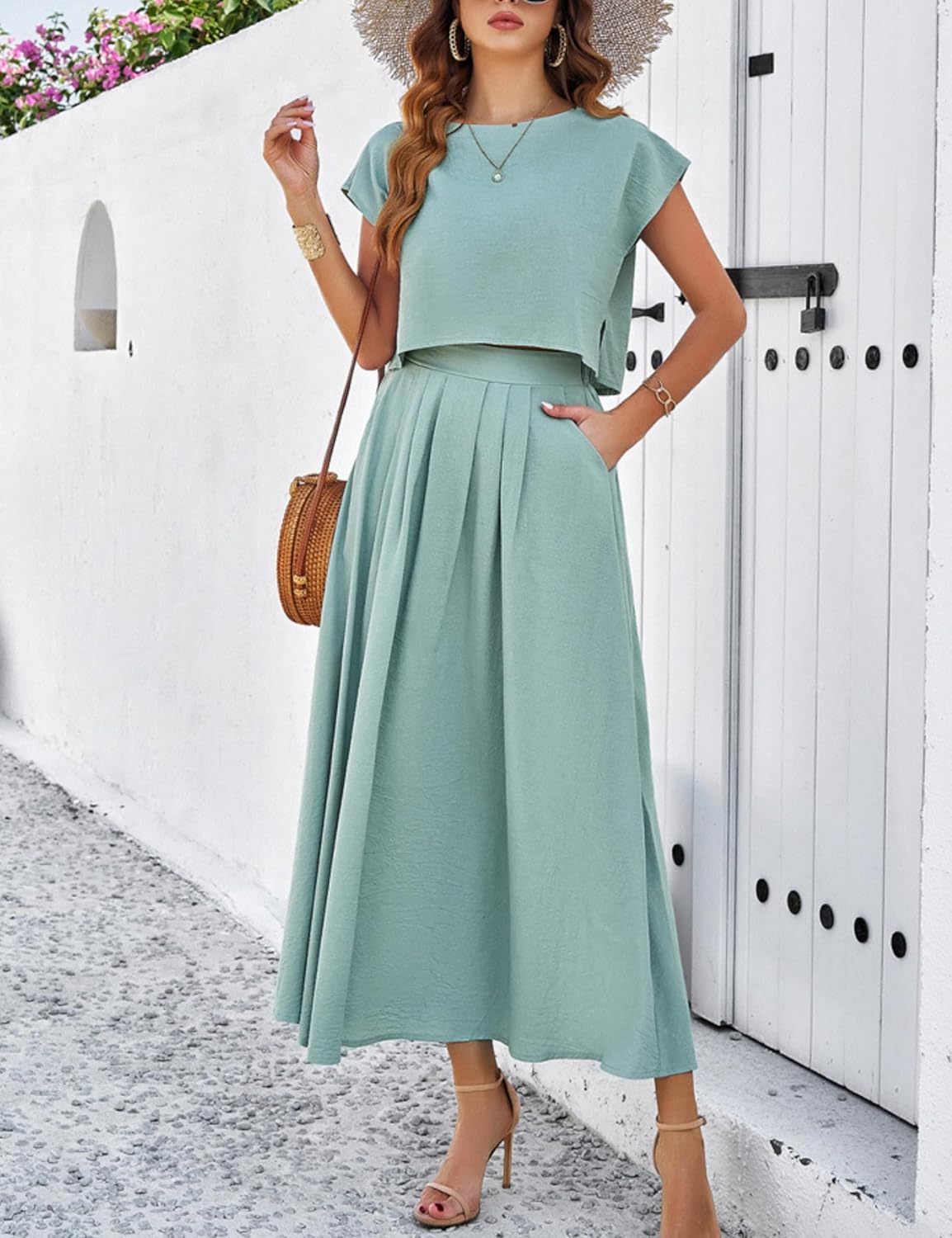 2025 Summer Skirt Sets Women 2 Piece Outfits Cap Sleeve Top Elastic Waist Maxi Dress Sets with Pockets