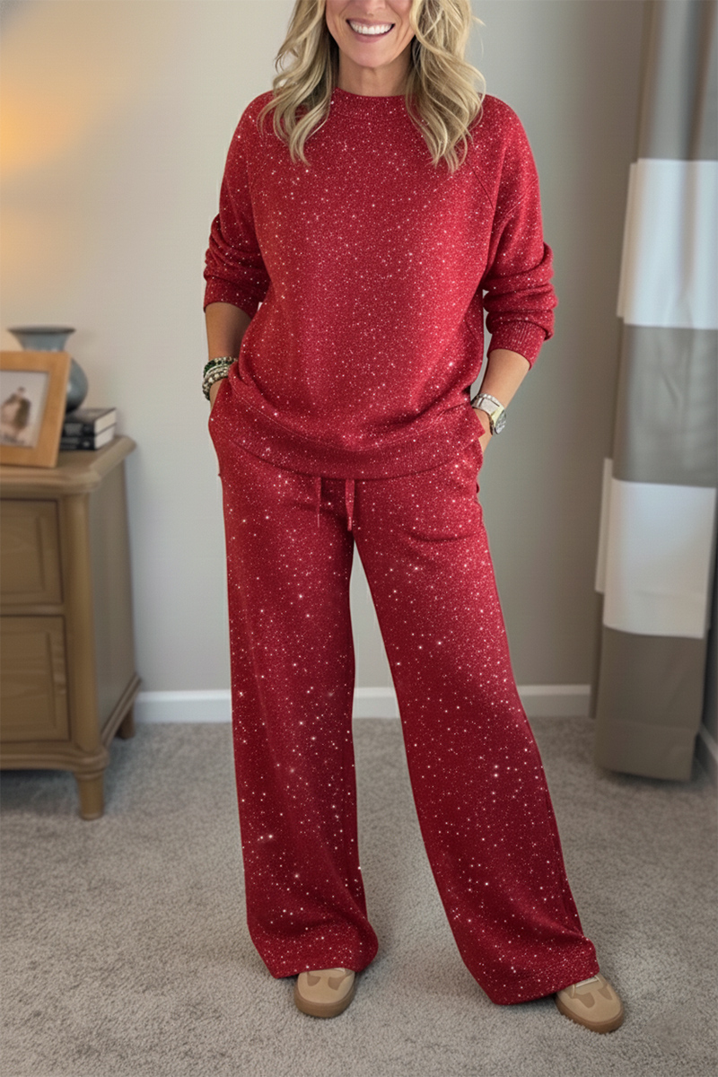 🎄 New Arrivals🔥 Cozy Travel Crew Neck Shiny Sweatshirt and Pant 2 Piece Sets