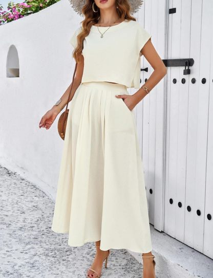 2025 Summer Skirt Sets Women 2 Piece Outfits Cap Sleeve Top Elastic Waist Maxi Dress Sets with Pockets