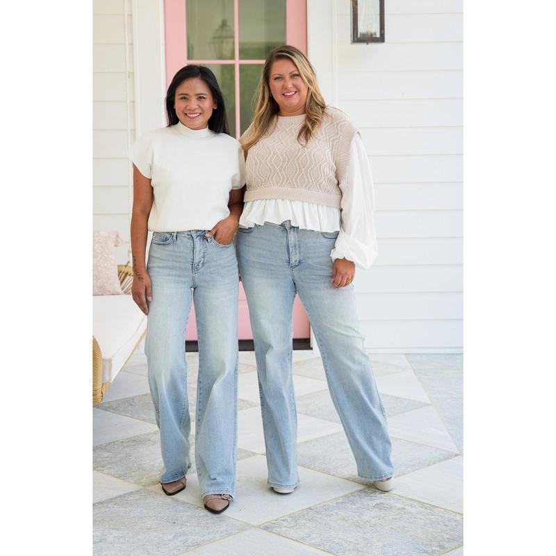 🏆LAST DAY SALE💥 Vintage Wash Plus-Size Jeans — Stretchy, Tummy Control & Straight Leg Fit
