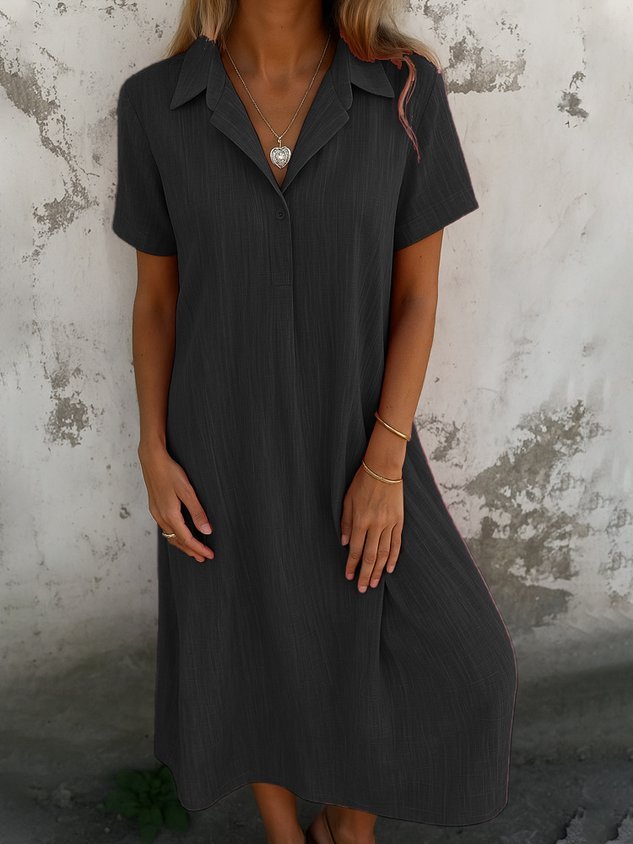 Women Plain Short Sleeve Summer Dress Shirt Collar Daily Casual Maxi A-Line Dress(Buy 2 Free Shipping)
