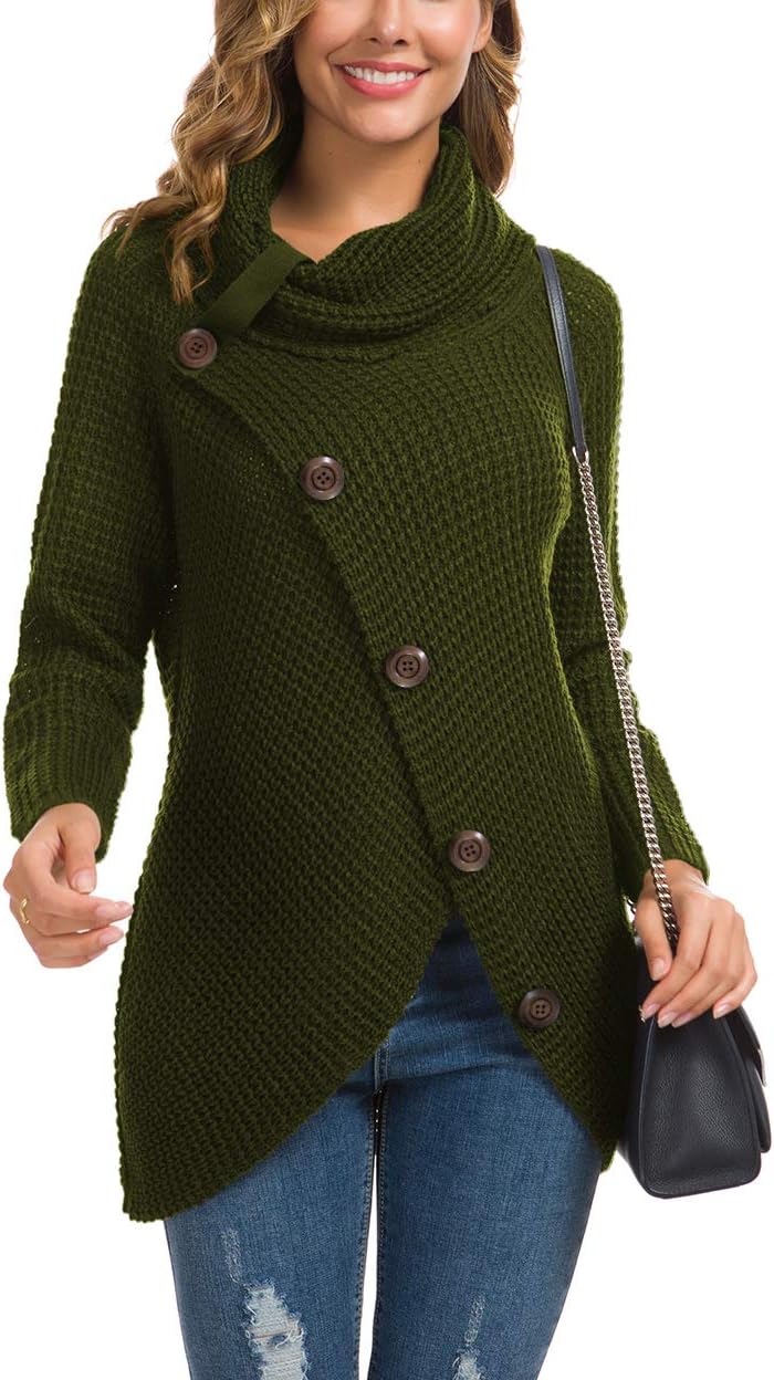 Women's Chunky Turtleneck Long Sleeve Asymmetric Hem Loose Knit Pullover Sweaters