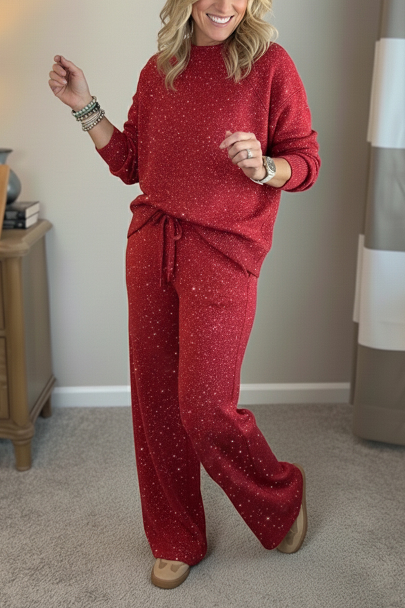 🎄 New Arrivals🔥 Cozy Travel Crew Neck Shiny Sweatshirt and Pant 2 Piece Sets