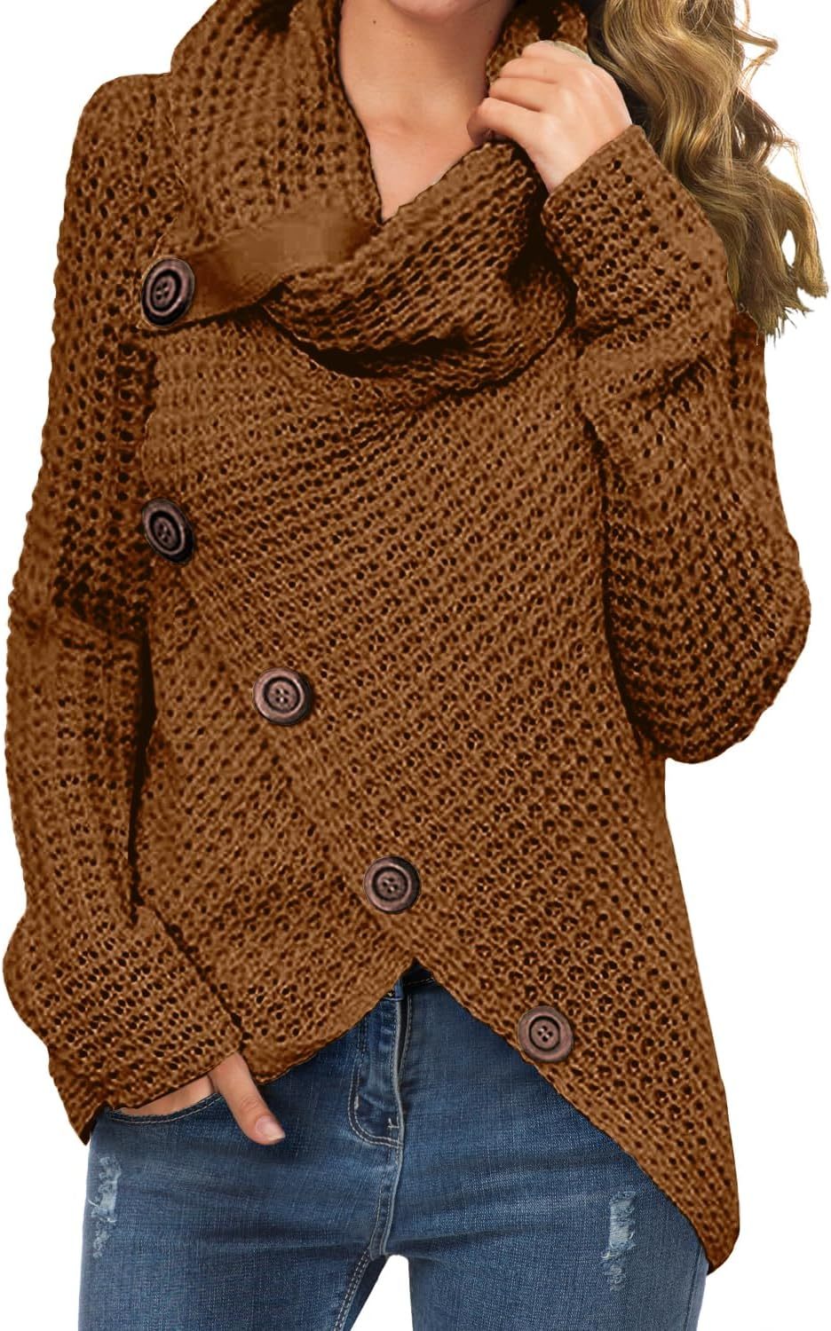 Women's Chunky Turtleneck Long Sleeve Asymmetric Hem Loose Knit Pullover Sweaters