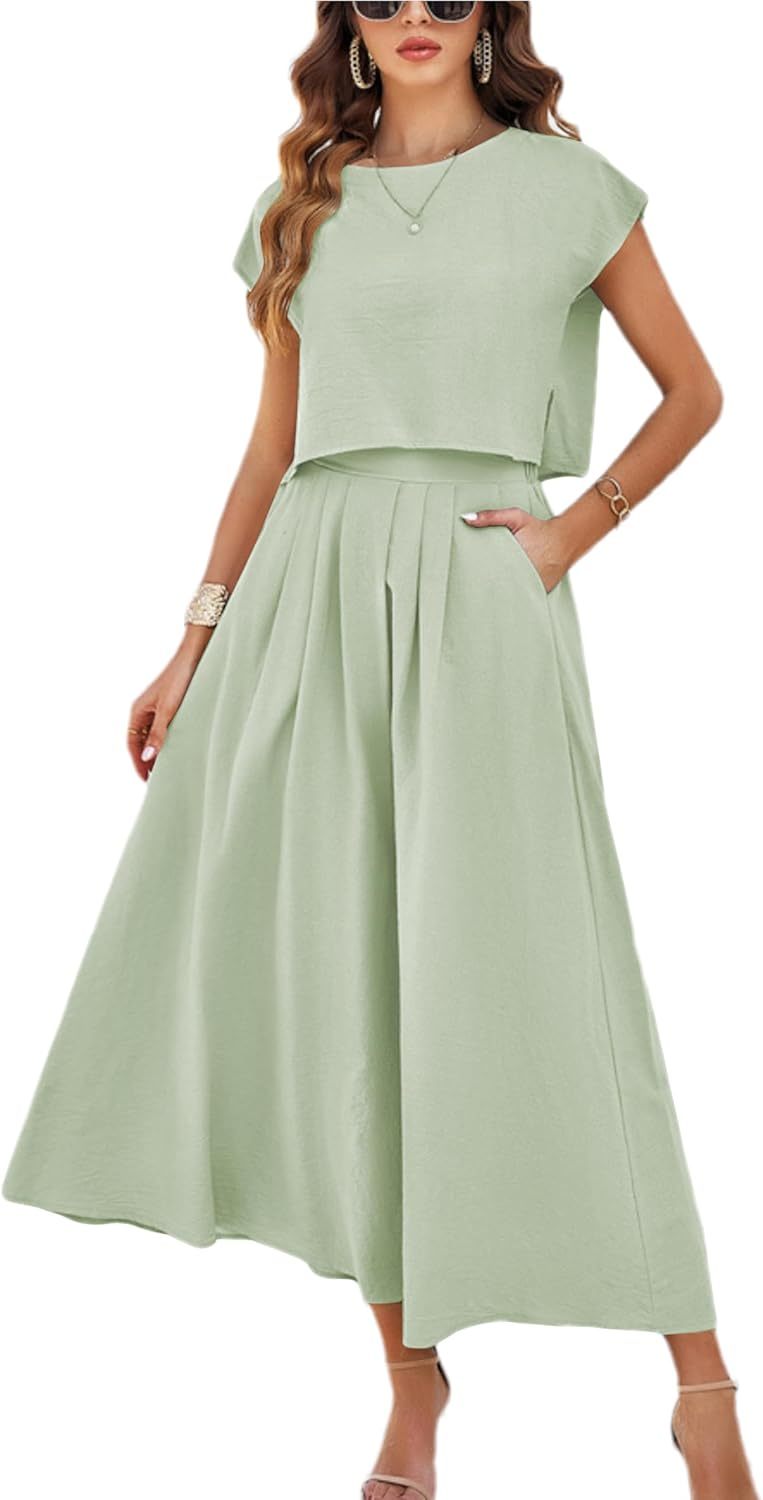 2025 Summer Skirt Sets Women 2 Piece Outfits Cap Sleeve Top Elastic Waist Maxi Dress Sets with Pockets