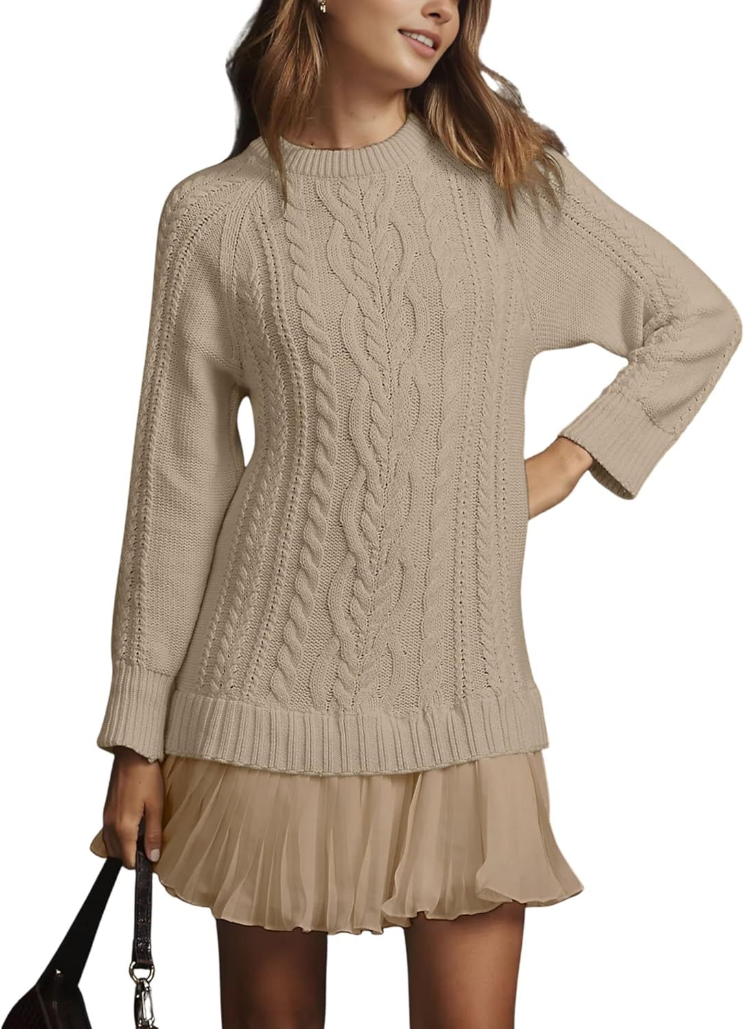 Women Cable Knit Sweater Dress Crewneck Long Sleeve Pleated Mini Dress Twofer Style Patchwork Dress