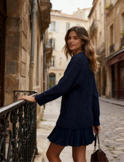 Women Cable Knit Sweater Dress Crewneck Long Sleeve Pleated Mini Dress Twofer Style Patchwork Dress
