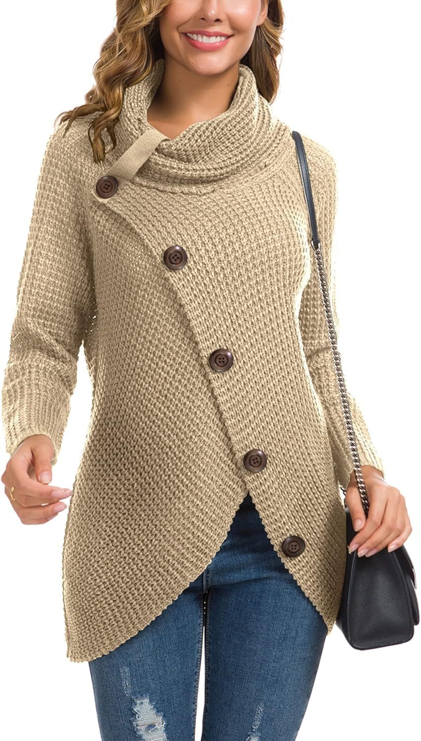 Women's Chunky Turtleneck Long Sleeve Asymmetric Hem Loose Knit Pullover Sweaters
