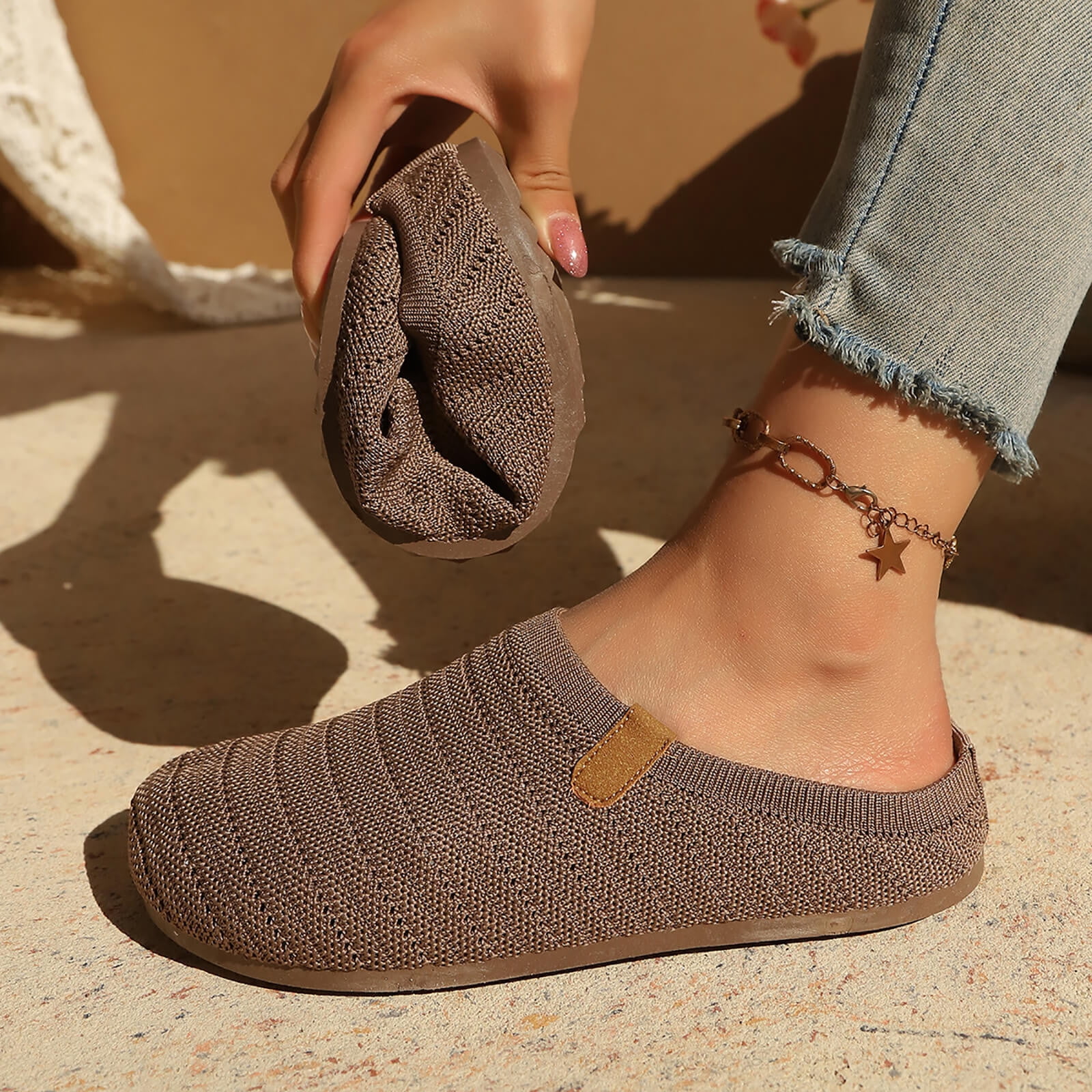Hurxie Women Clogs Knit Slip On Mules Work Shoes with Arch Support Slippers Round Toe Slides Comfortable Flats Coffee 36