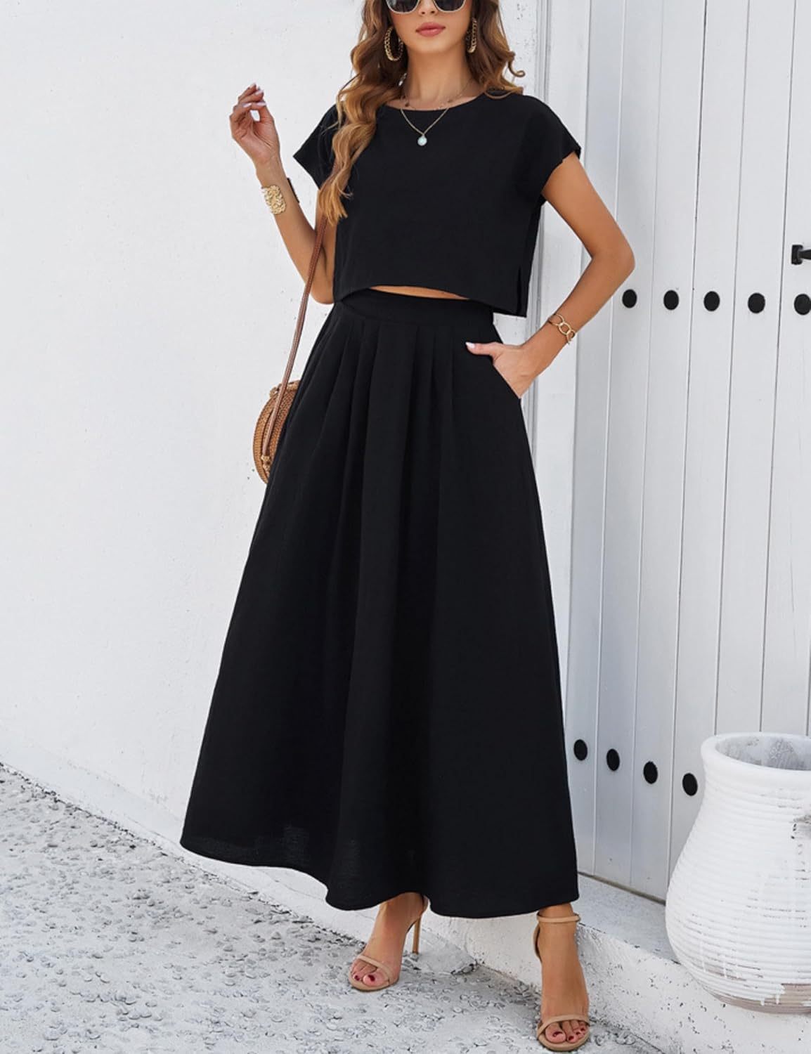 2025 Summer Skirt Sets Women 2 Piece Outfits Cap Sleeve Top Elastic Waist Maxi Dress Sets with Pockets