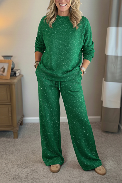 🎄 New Arrivals🔥 Cozy Travel Crew Neck Shiny Sweatshirt and Pant 2 Piece Sets