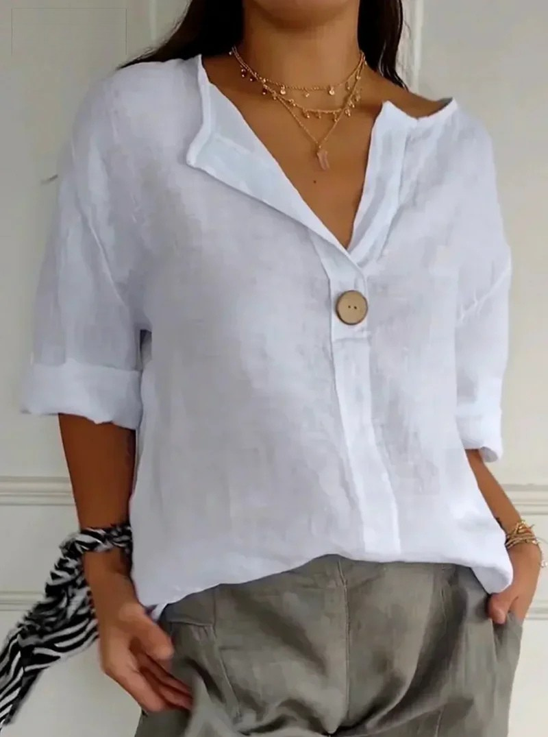 CLEARANCE SALE🔥 Loose T-shirt Women's V-neck Cotton Button Top