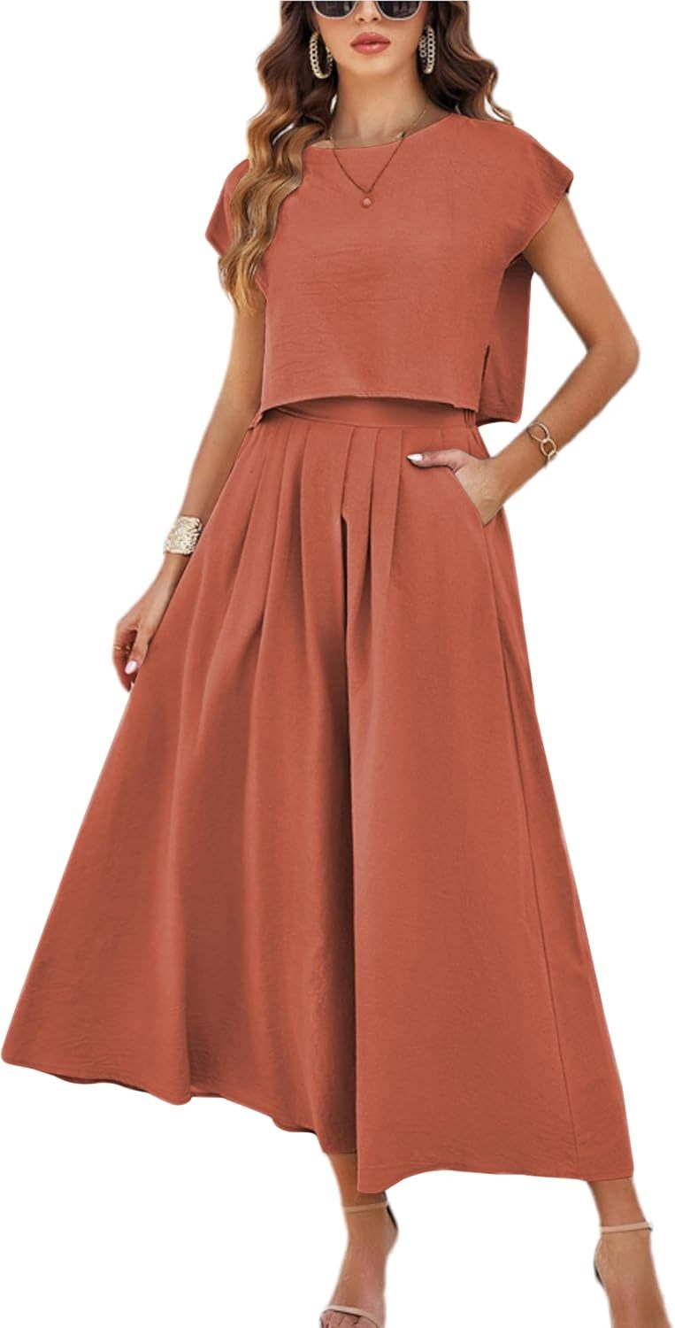 2025 Summer Skirt Sets Women 2 Piece Outfits Cap Sleeve Top Elastic Waist Maxi Dress Sets with Pockets
