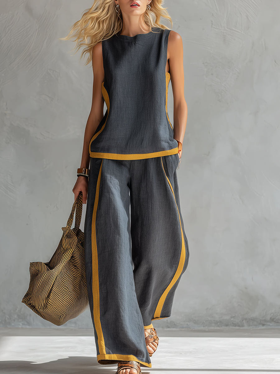 Women's Round Neck Sleeveless Casual Loose Top And High-waisted Loose Wide-leg Pants Cotton And Linen Set.