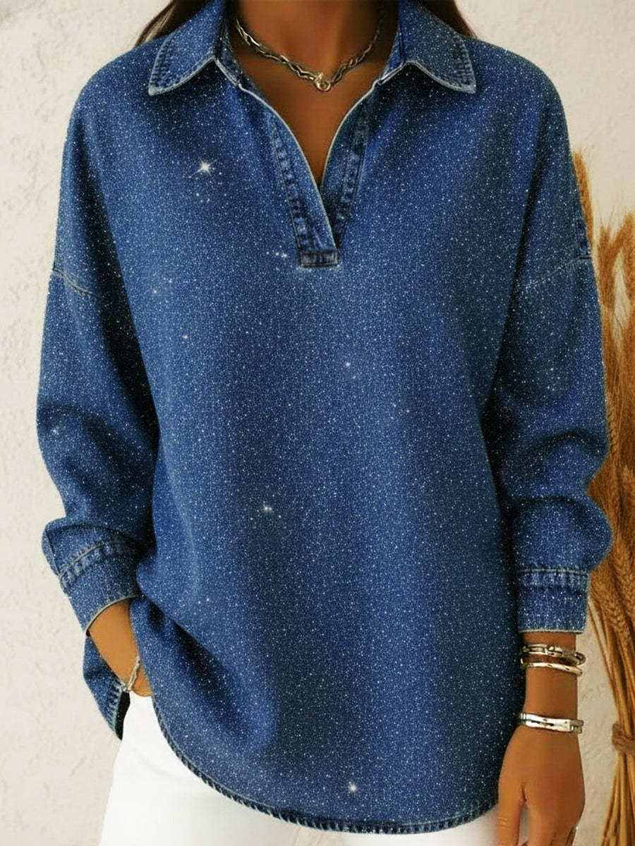 Shimmering Sequin-Detail Denim Polo Top – Effortless Style Meets Subtl