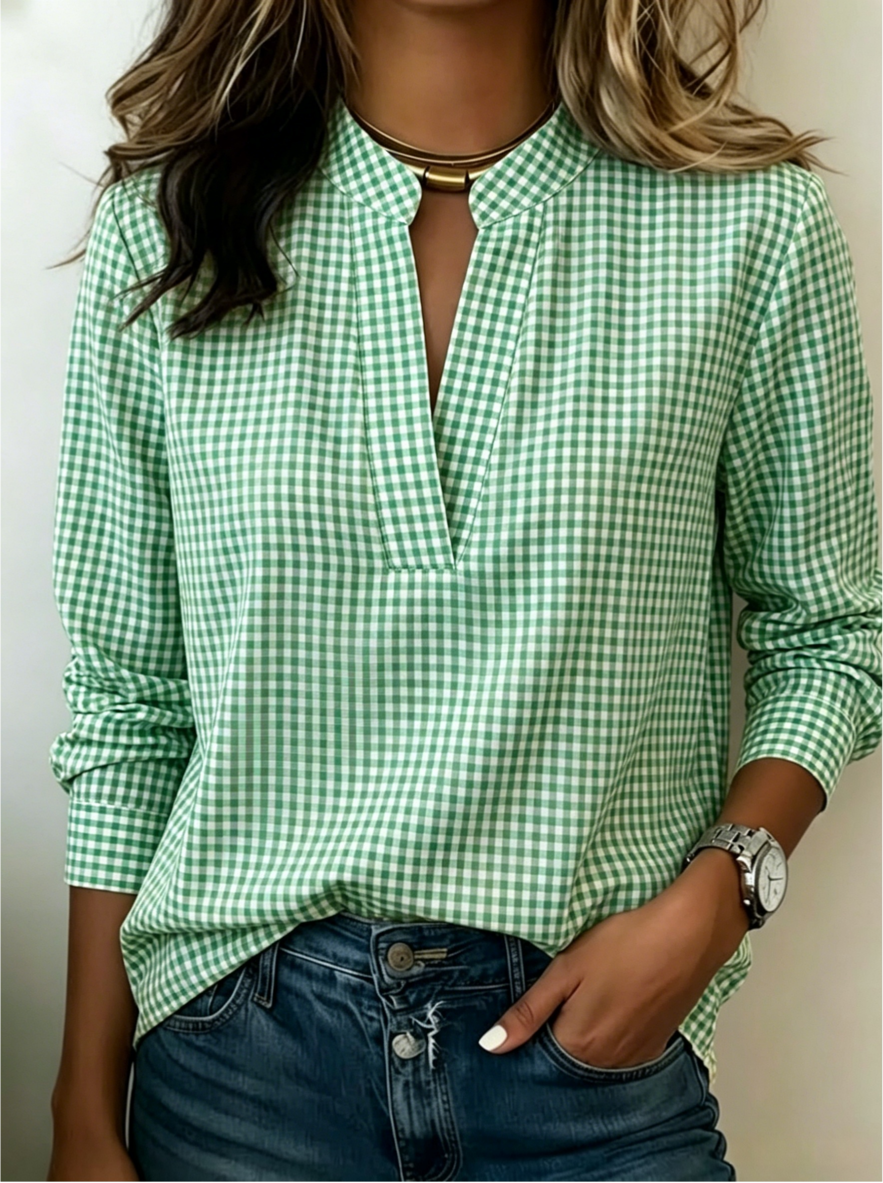 Today 70% Off🔥Women’s Classic Gingham Split V-Neck Blouse