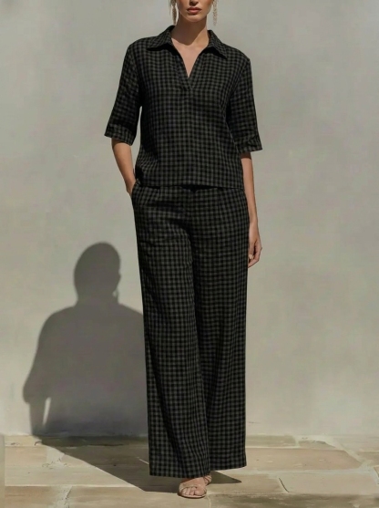 Today $43.99 Clearance Price🔥Women’s Cotton Linen Gingham V-Neck Wide Leg Set