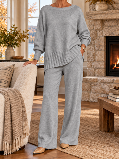 Women's Soft Knit Lounge Set – Relaxed Sweater & Wide-Leg Pants