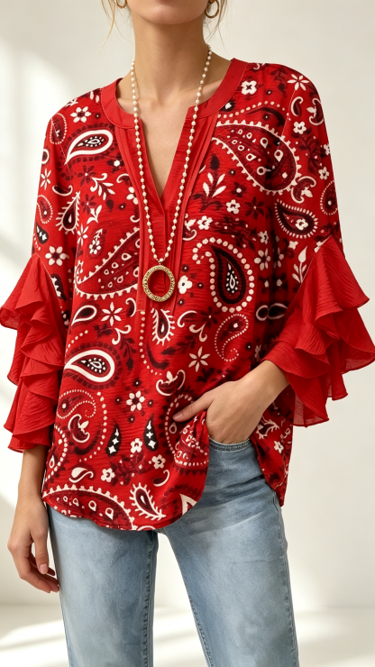 Women Floral Half Sleeve Shirt Summer Printing V Neck Daily Casual Top