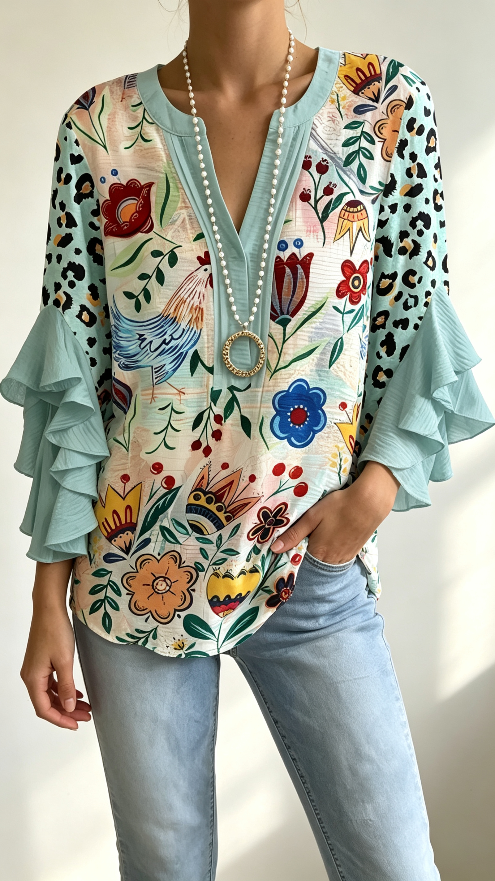 Women Floral Half Sleeve Shirt Summer Printing V Neck Daily Casual Top