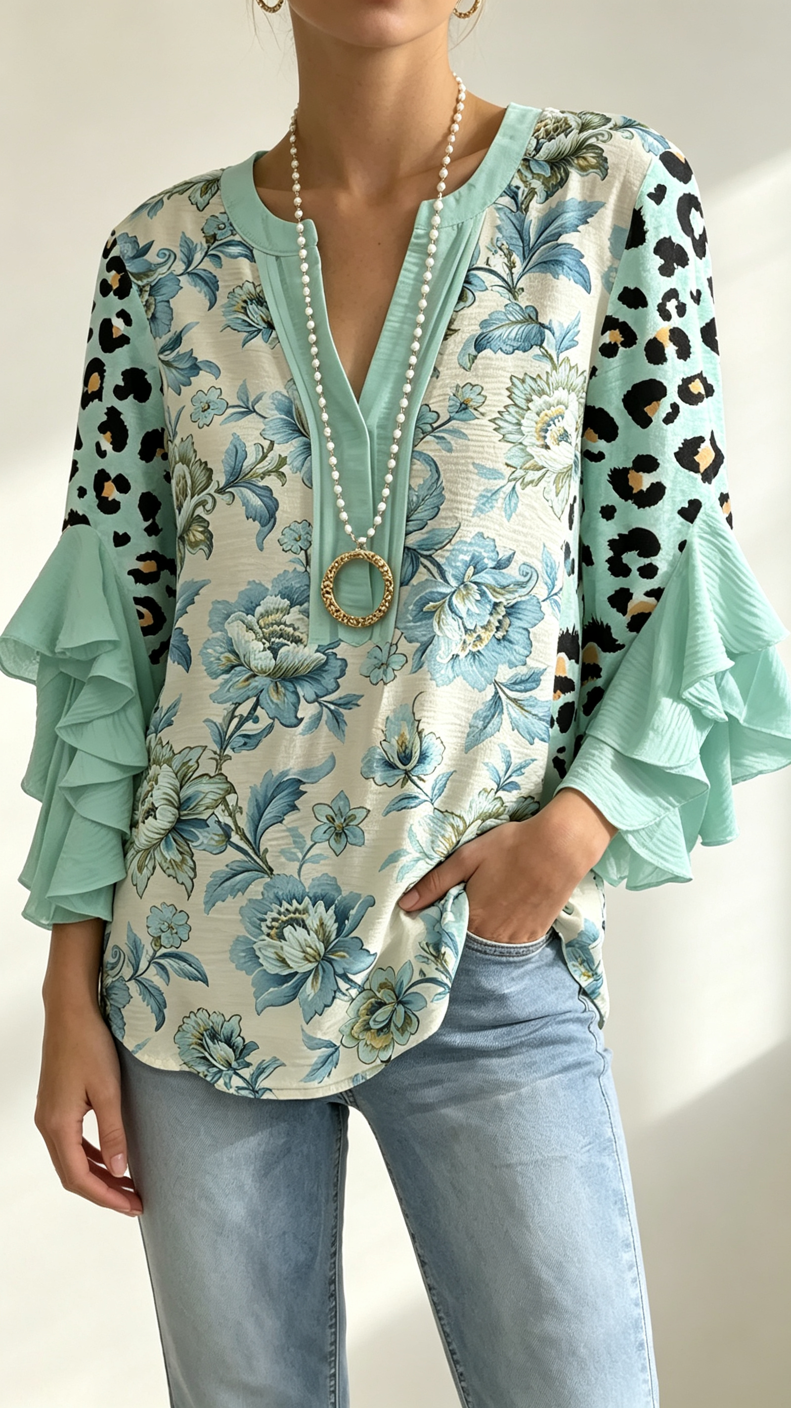 Women Floral Half Sleeve Shirt Summer Printing V Neck Daily Casual Top